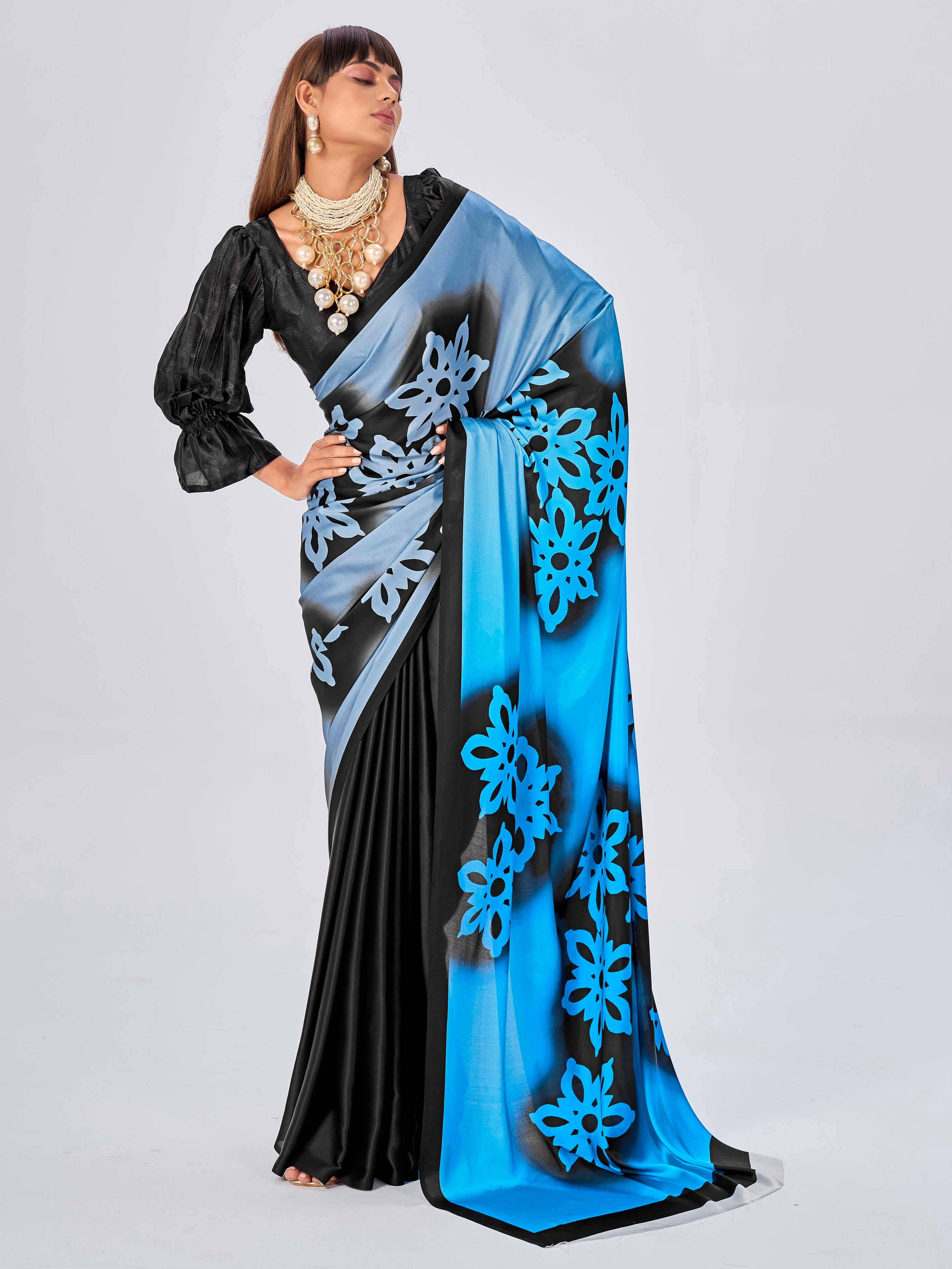 Blue Colored Satin Floral Printed Saree