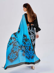 Blue Colored Satin Floral Printed Saree