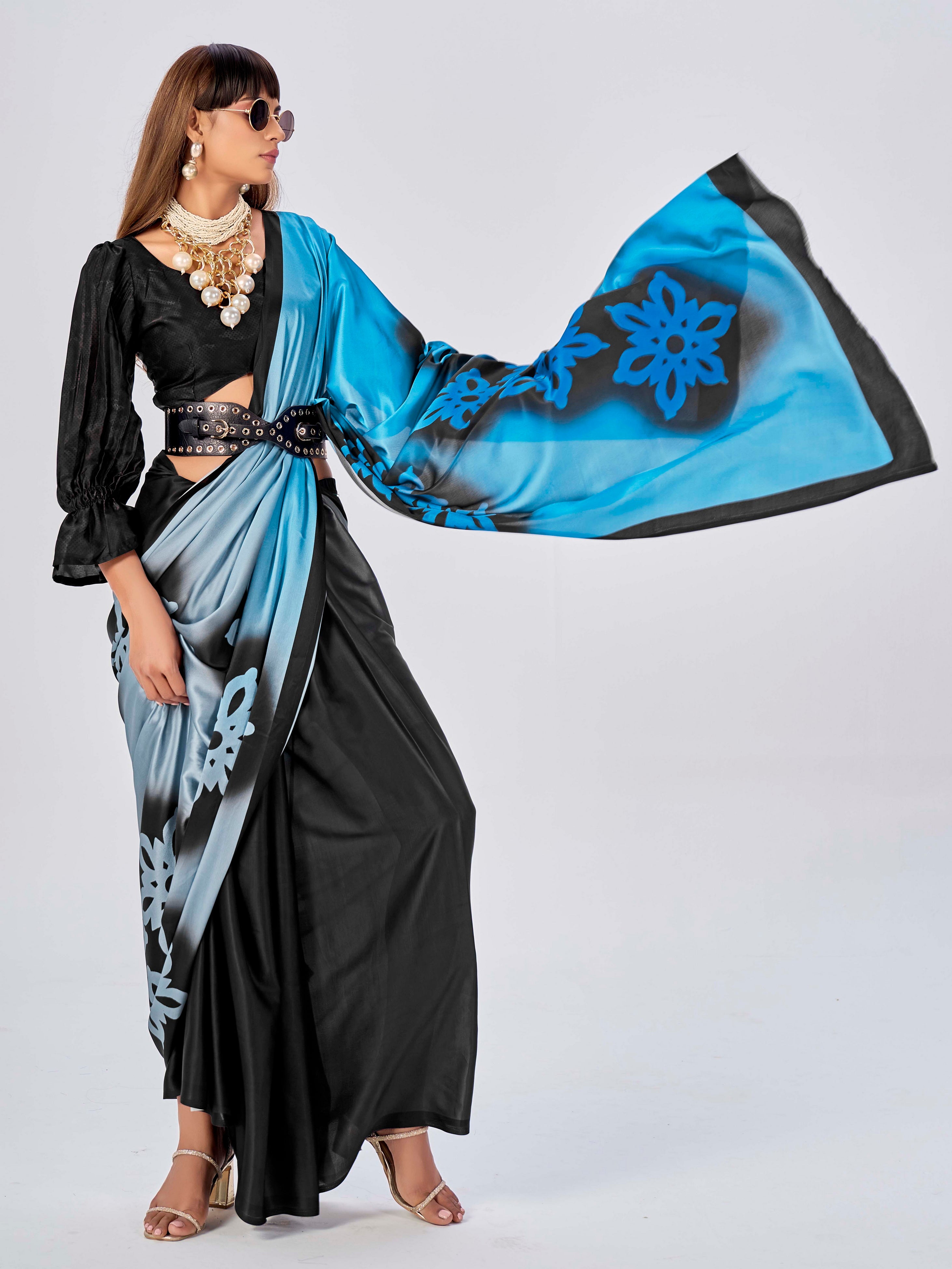 Blue Colored Satin Floral Printed Saree