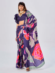 Purple Satin Floral Printed Saree