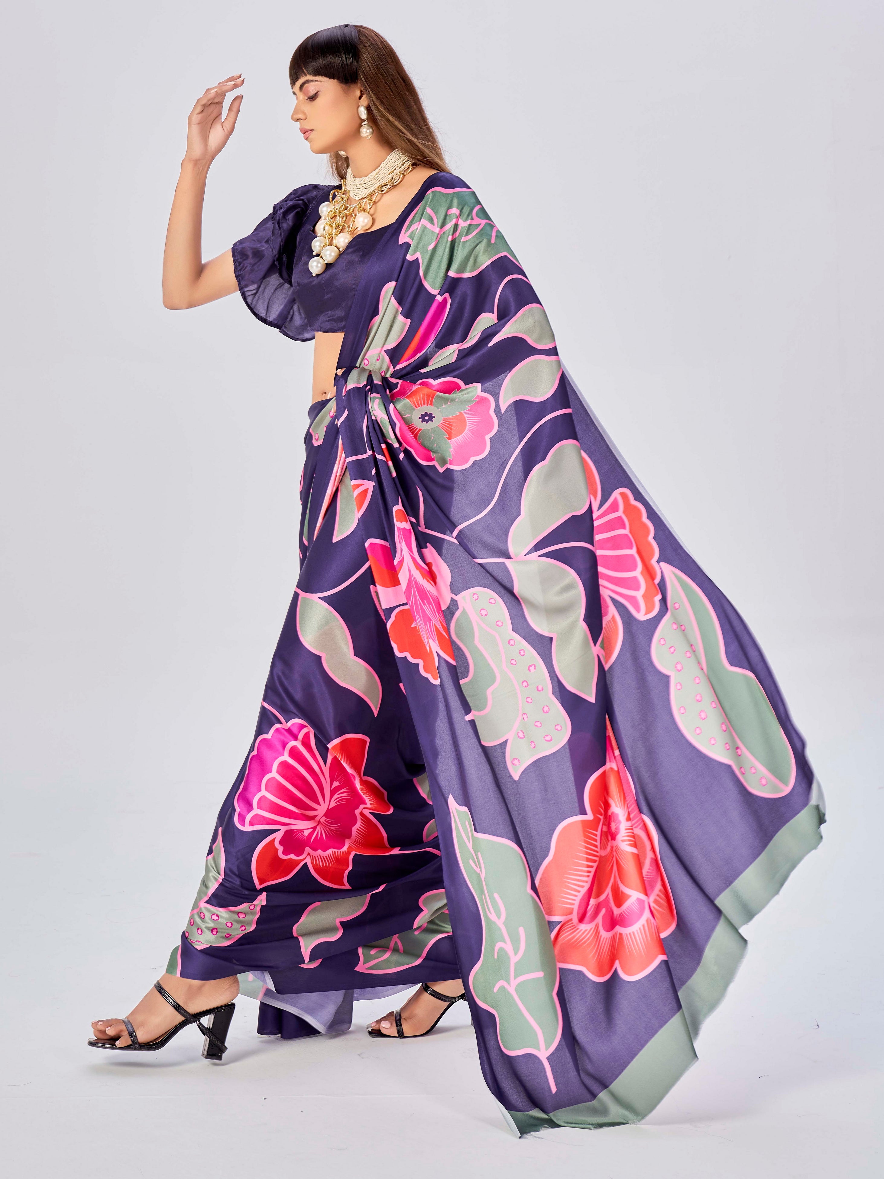 Purple Satin Floral Printed Saree