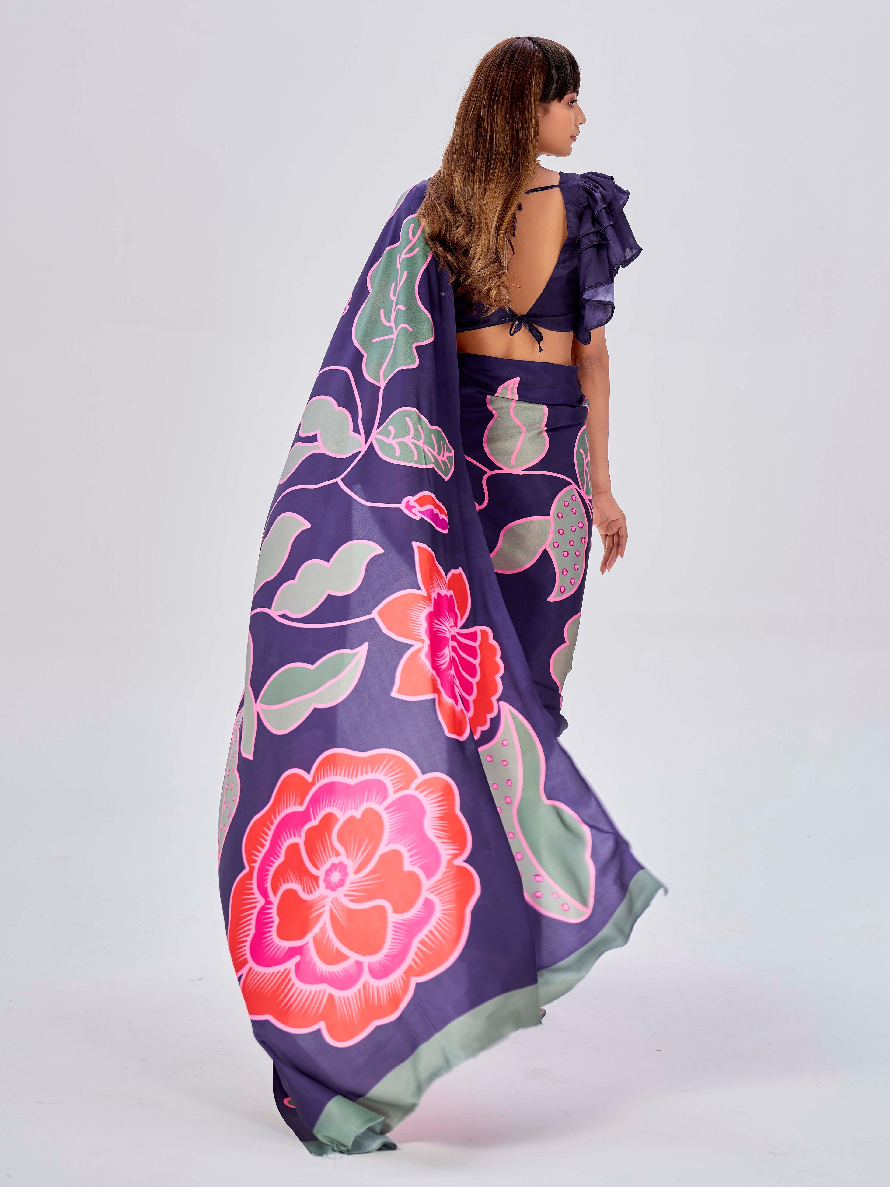 Purple Satin Floral Printed Saree