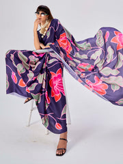 Purple Satin Floral Printed Saree