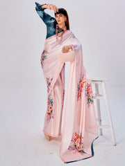 Pink Satin Floral Printed Saree