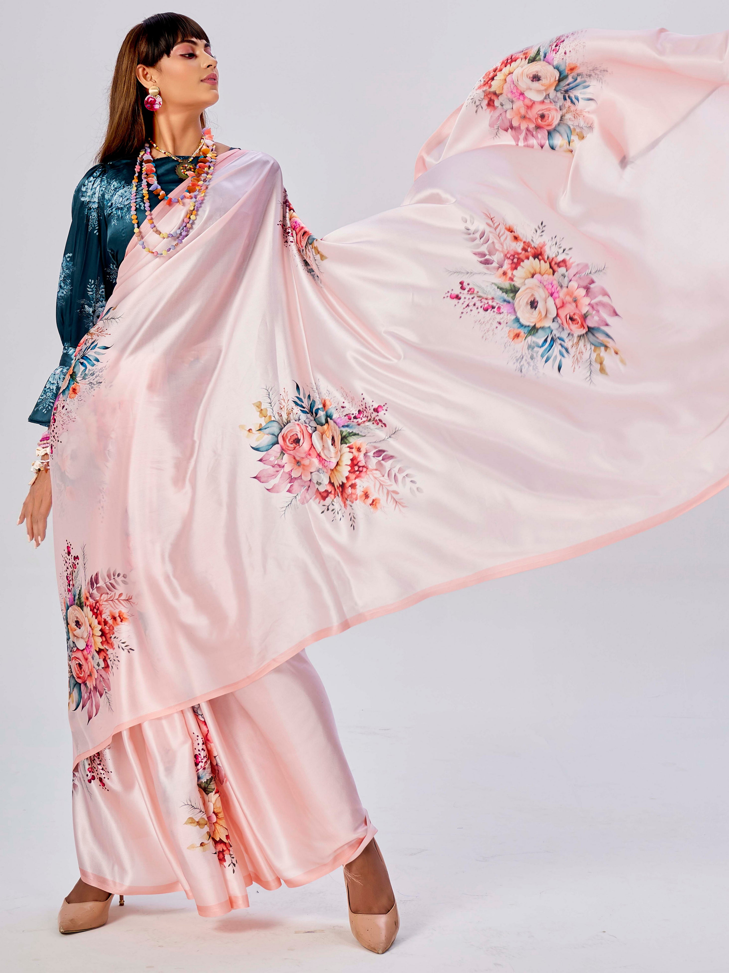 Pink Satin Floral Printed Saree