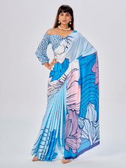 Light Blue Satin Floral Printed Saree