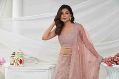 Pink Net Diwali Special A Line Lehenga With Embroidery And Sequins Wedding Wear