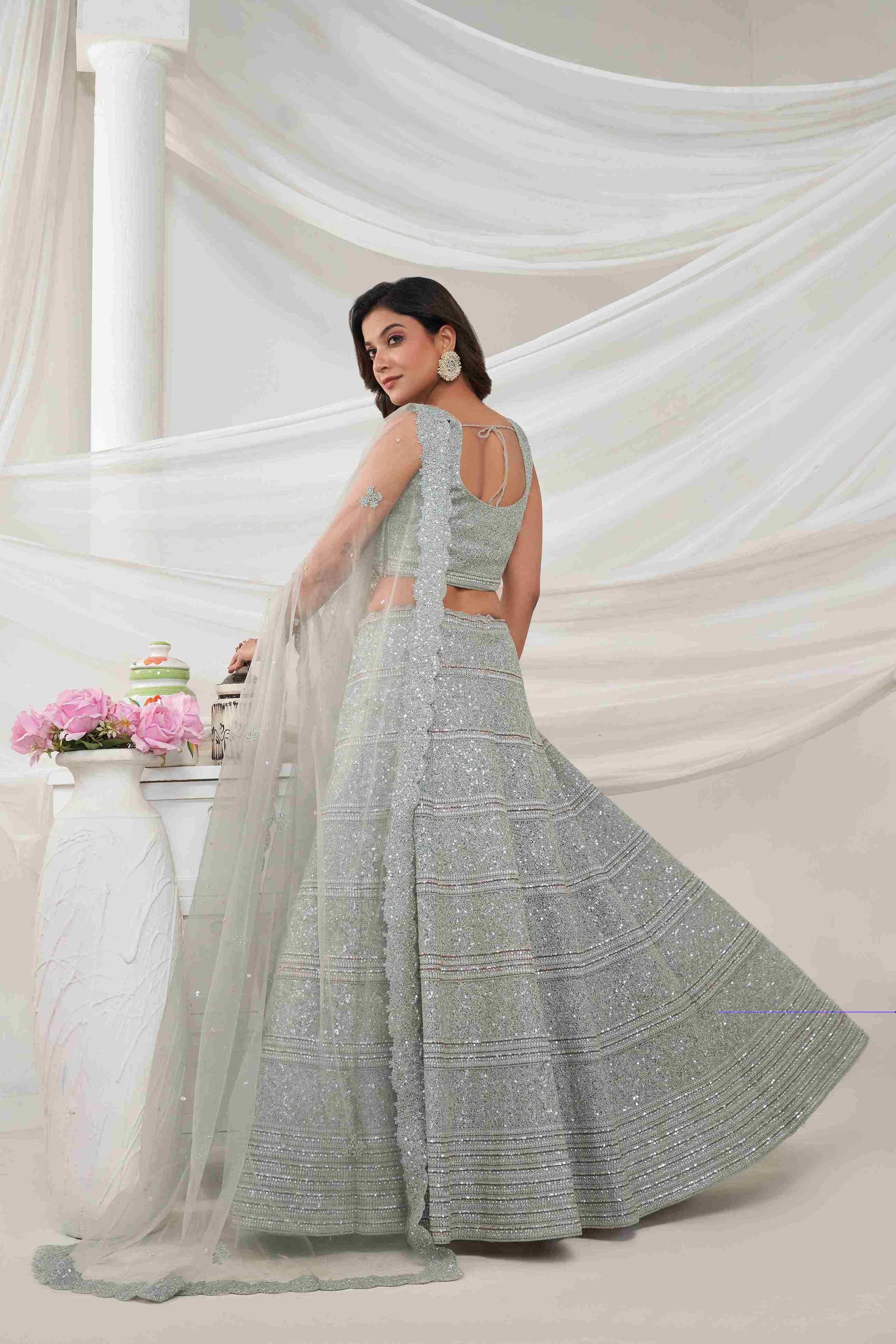 Grey Net Diwali Special A Line Lehenga With Embroidery And Sequins Wedding Wear