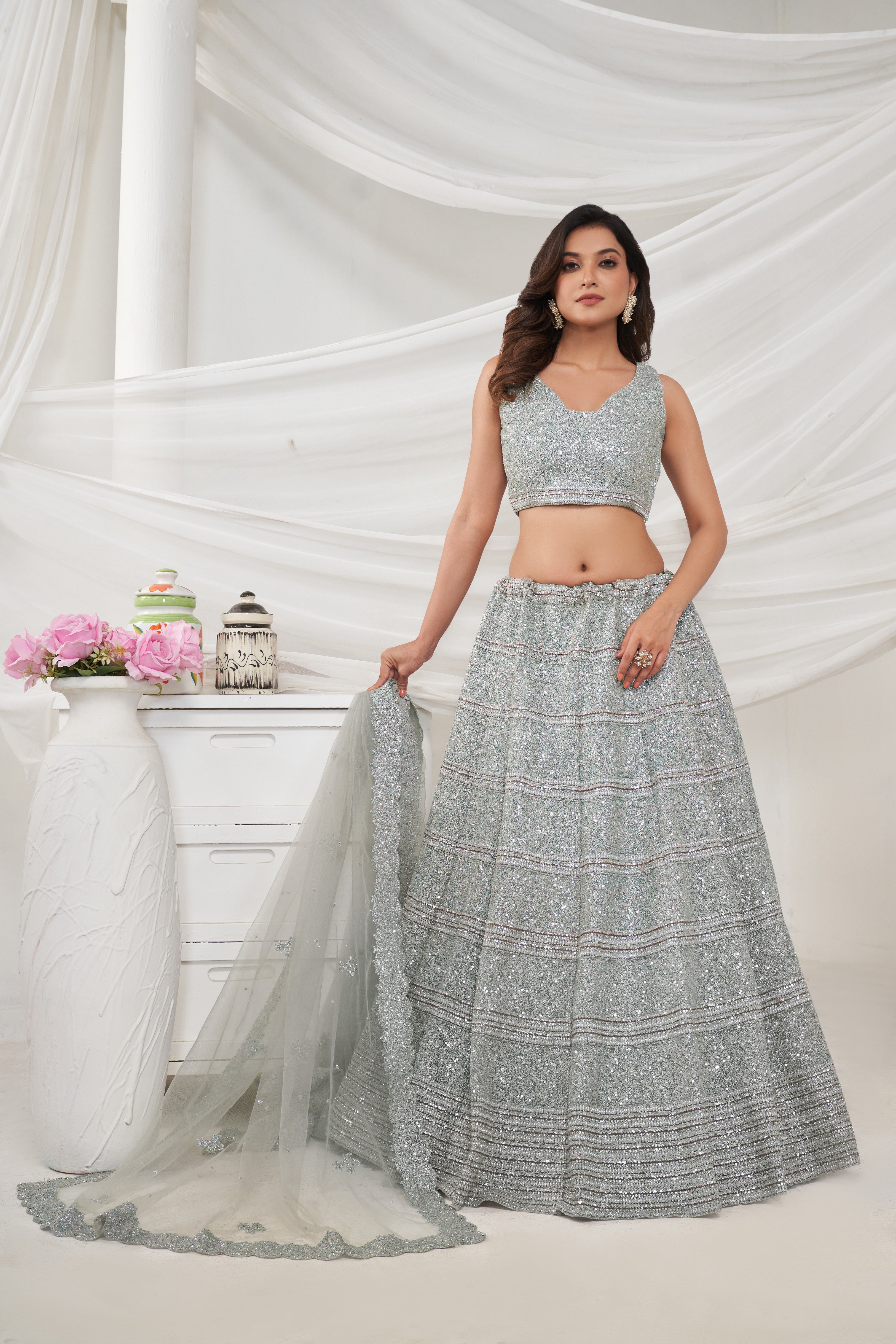 Grey Net Diwali Special A Line Lehenga With Embroidery And Sequins Wedding Wear