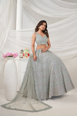 Grey Net Diwali Special A Line Lehenga With Embroidery And Sequins Wedding Wear