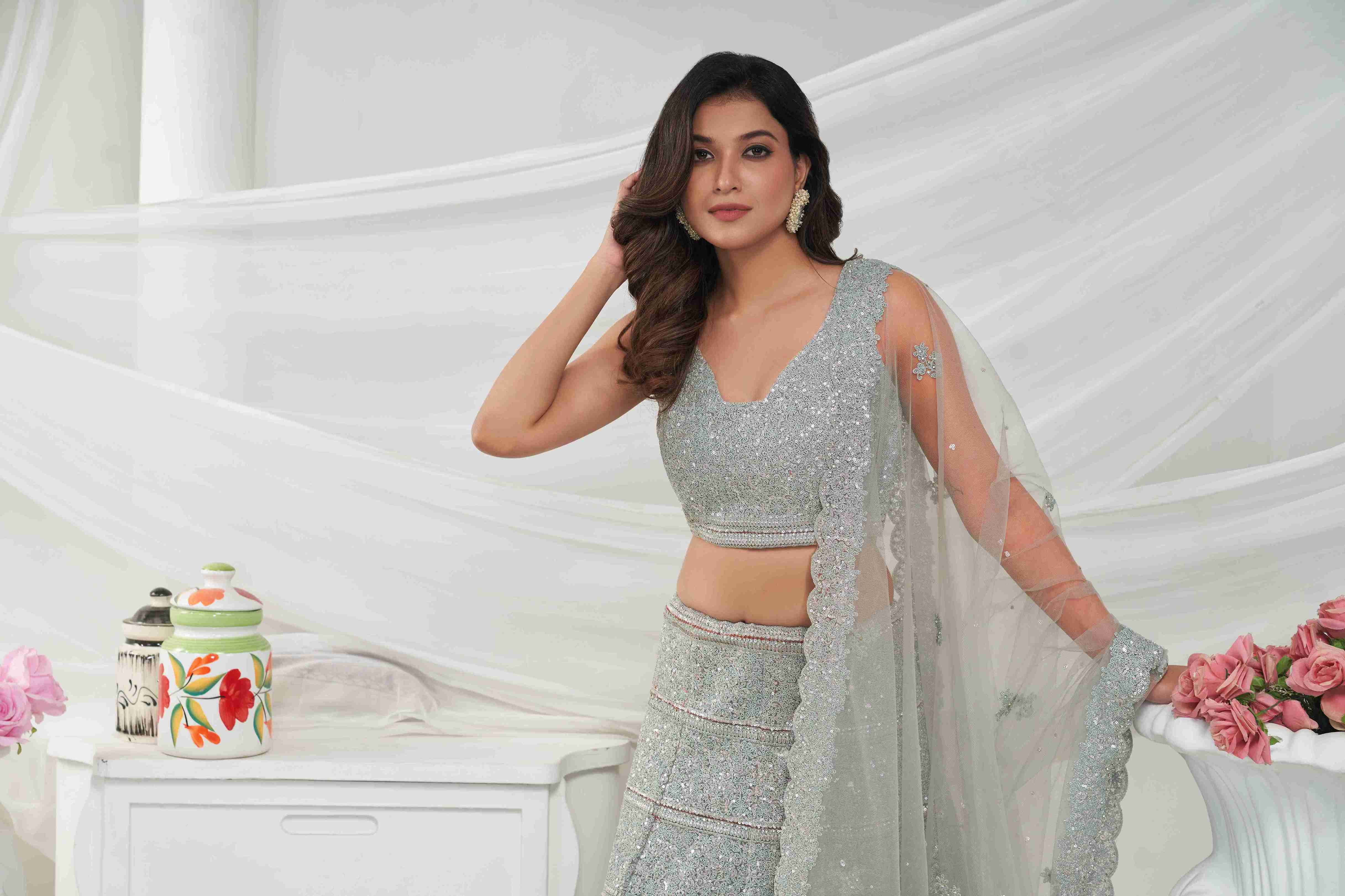 Grey Net Diwali Special A Line Lehenga With Embroidery And Sequins Wedding Wear