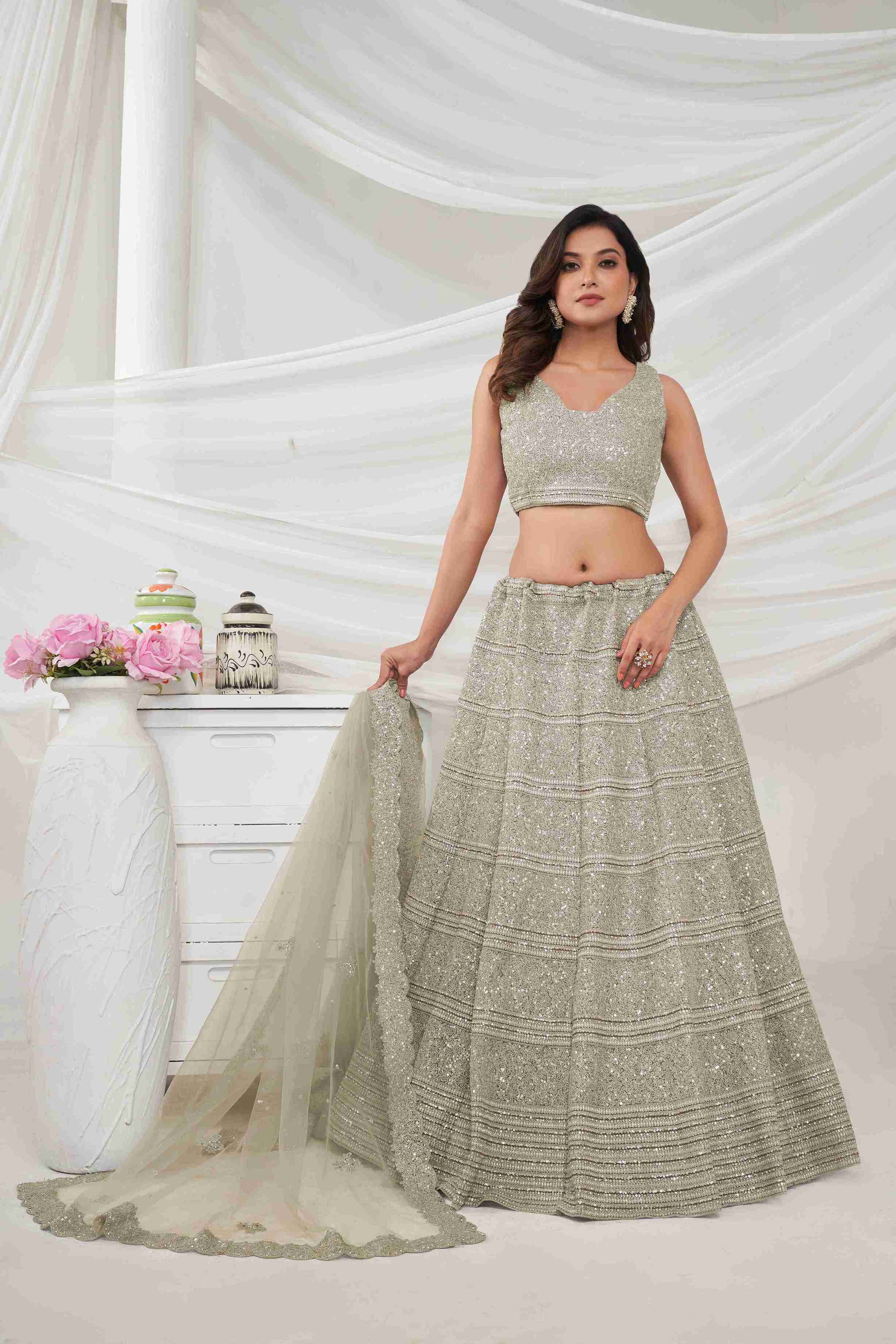 Silver Net Diwali Special A Line Lehenga With Embroidery And Sequins Wedding Wear