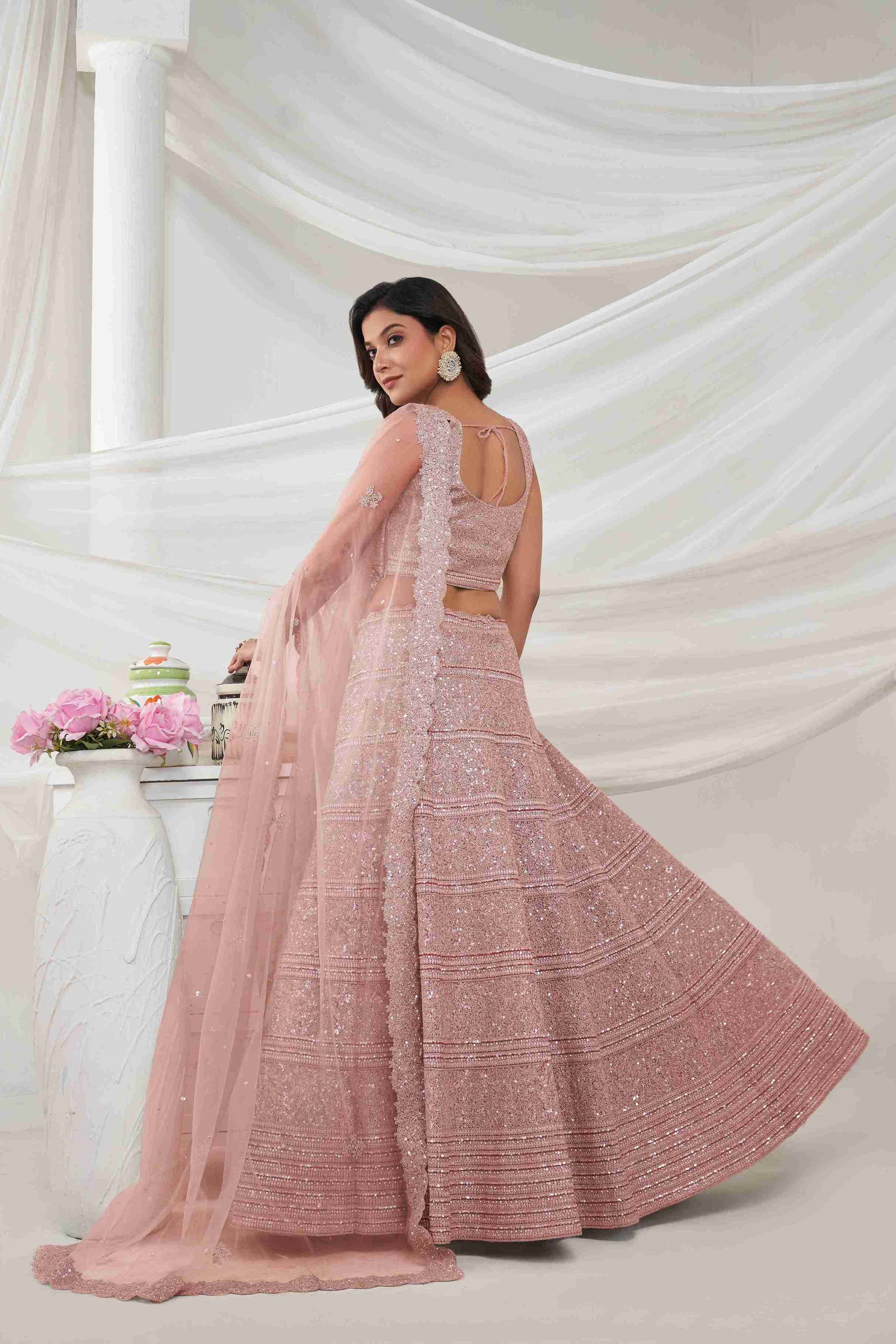 Pink Net Diwali Special A Line Lehenga With Embroidery And Sequins Wedding Wear