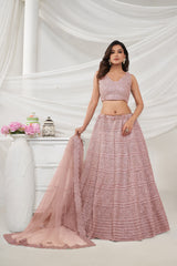 Pink Net Diwali Special A Line Lehenga With Embroidery And Sequins Wedding Wear