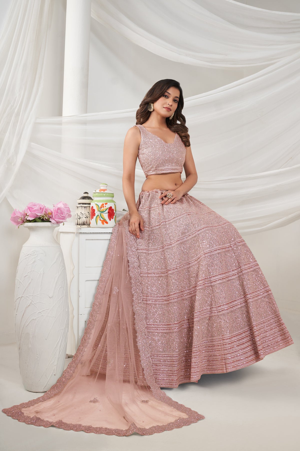 Pink Net Diwali Special A Line Lehenga With Embroidery And Sequins Wedding Wear