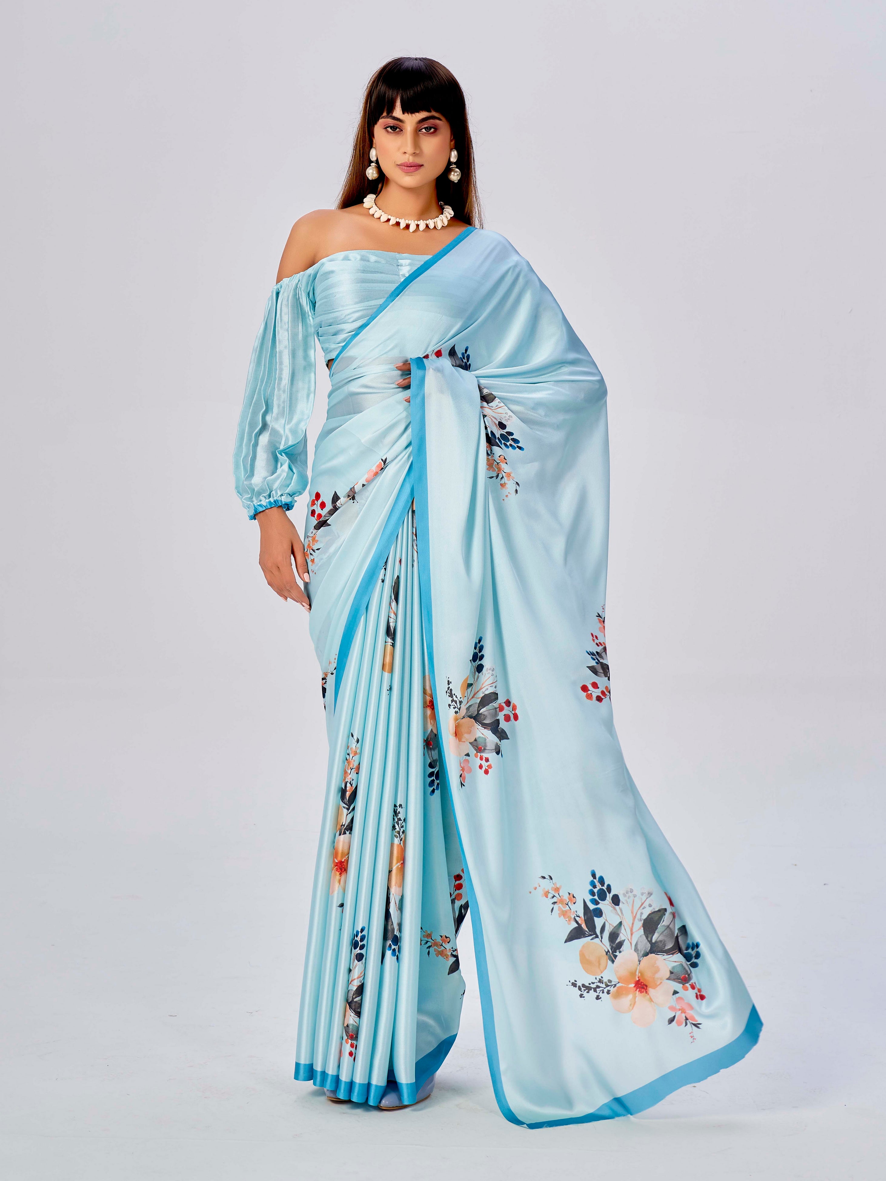 Baby Blue Colored Satin Floral Printed Saree