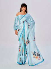 Baby Blue Colored Satin Floral Printed Saree