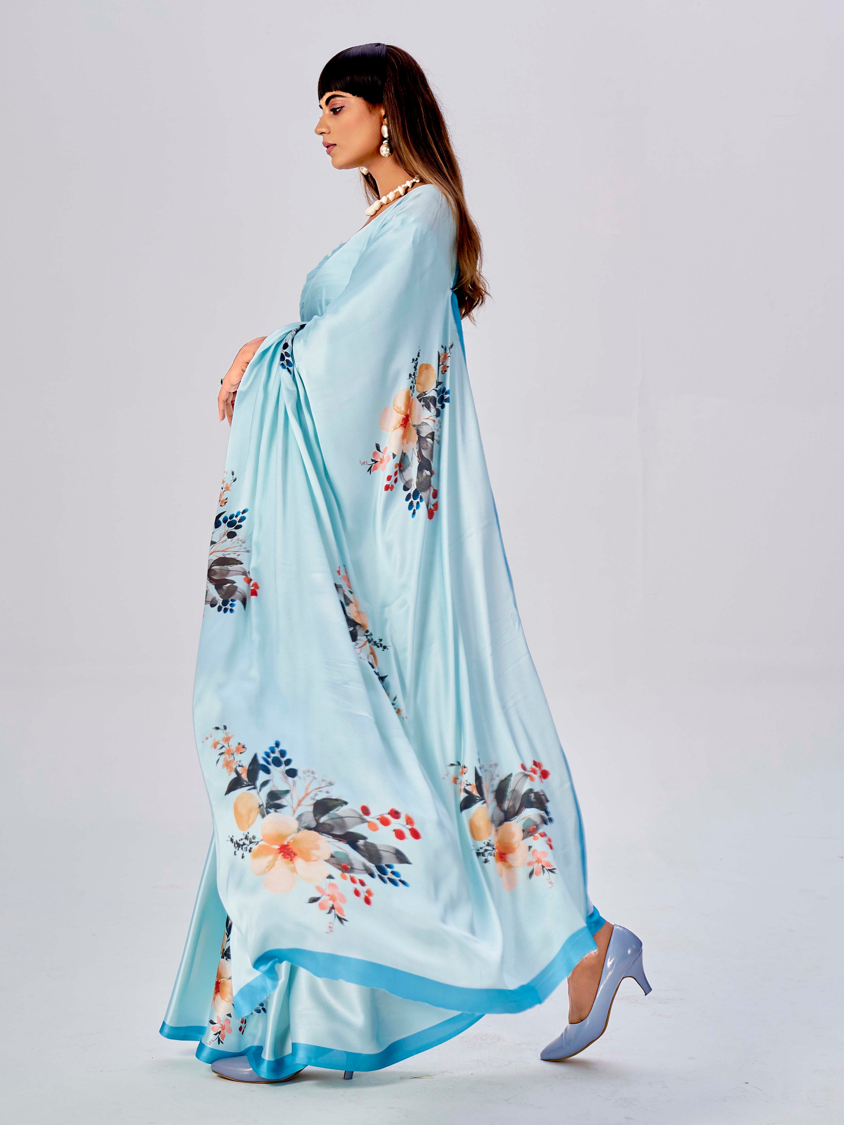 Baby Blue Colored Satin Floral Printed Saree