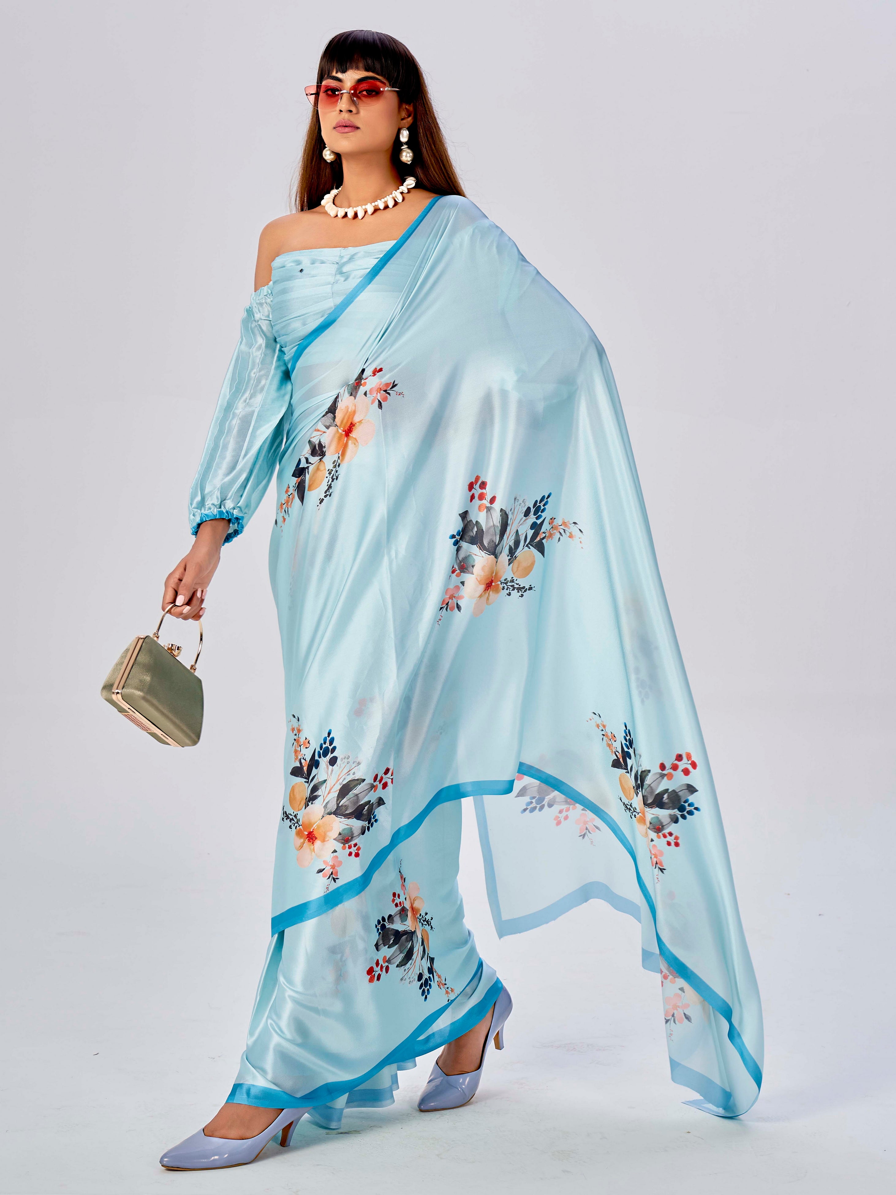 Baby Blue Colored Satin Floral Printed Saree