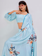 Baby Blue Colored Satin Floral Printed Saree