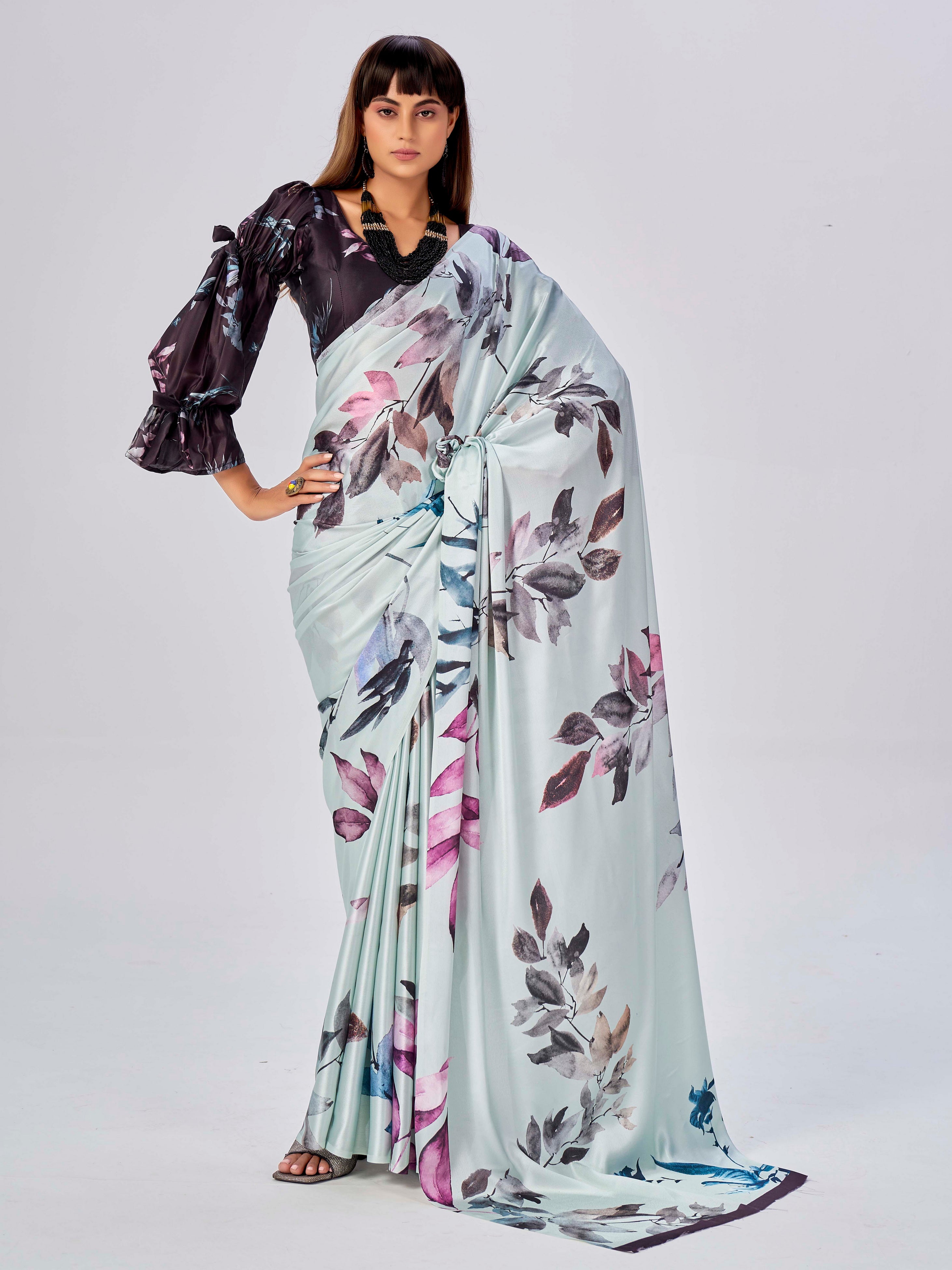 Sky Blue Satin Floral Printed Saree