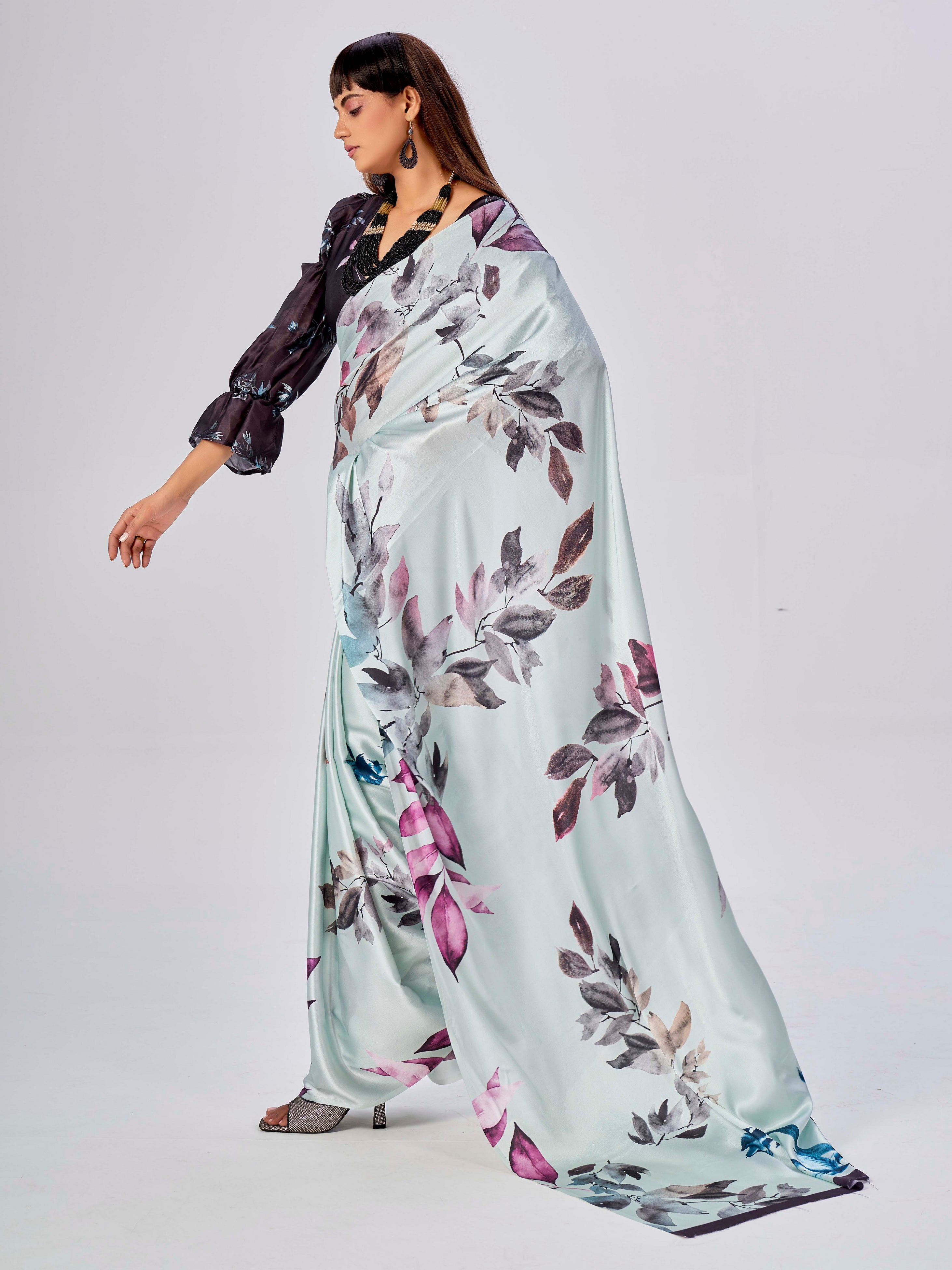 Sky Blue Satin Floral Printed Saree