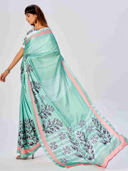 Sea Green Satin Floral Printed Saree