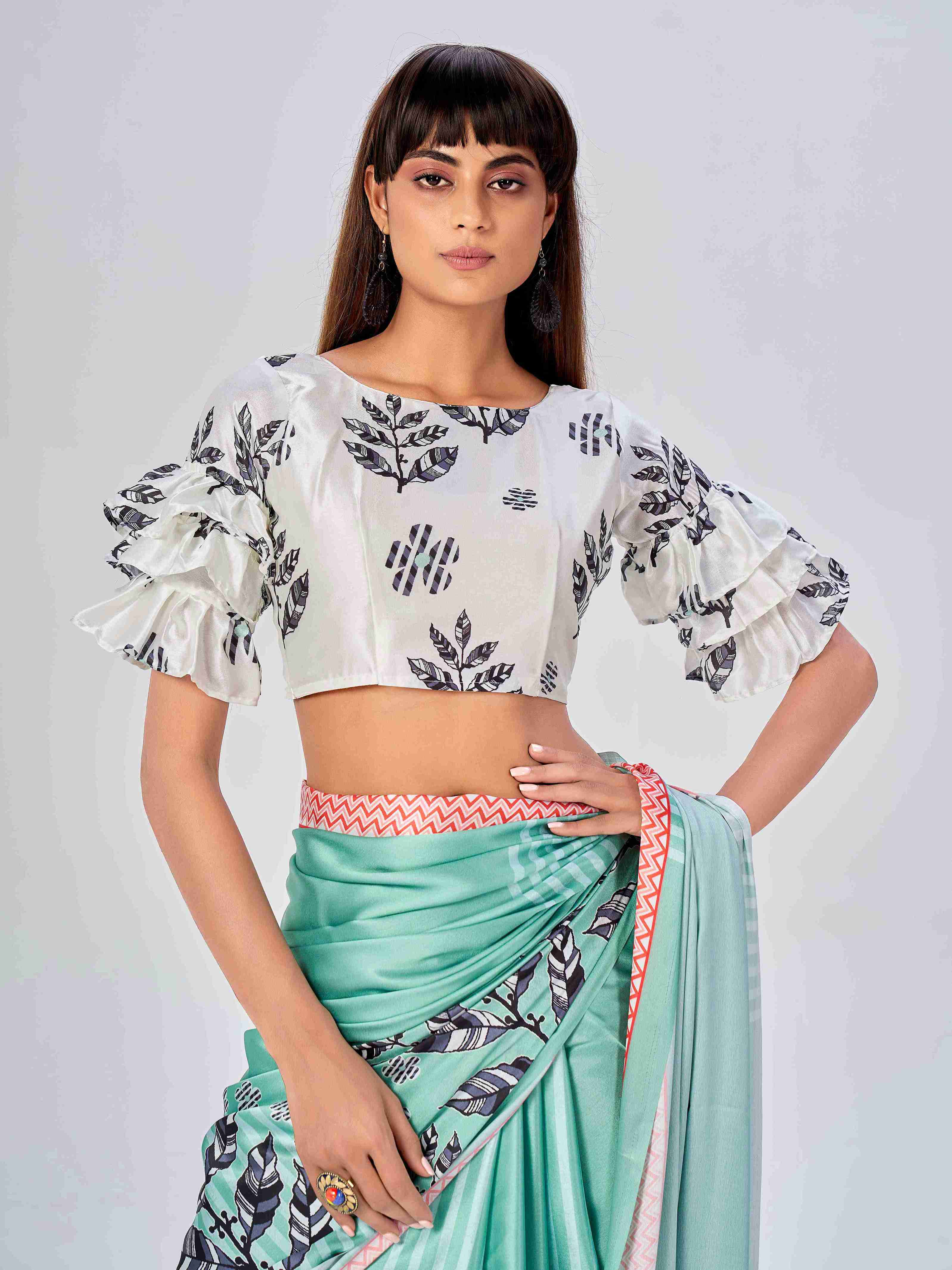 Sea Green Satin Floral Printed Saree