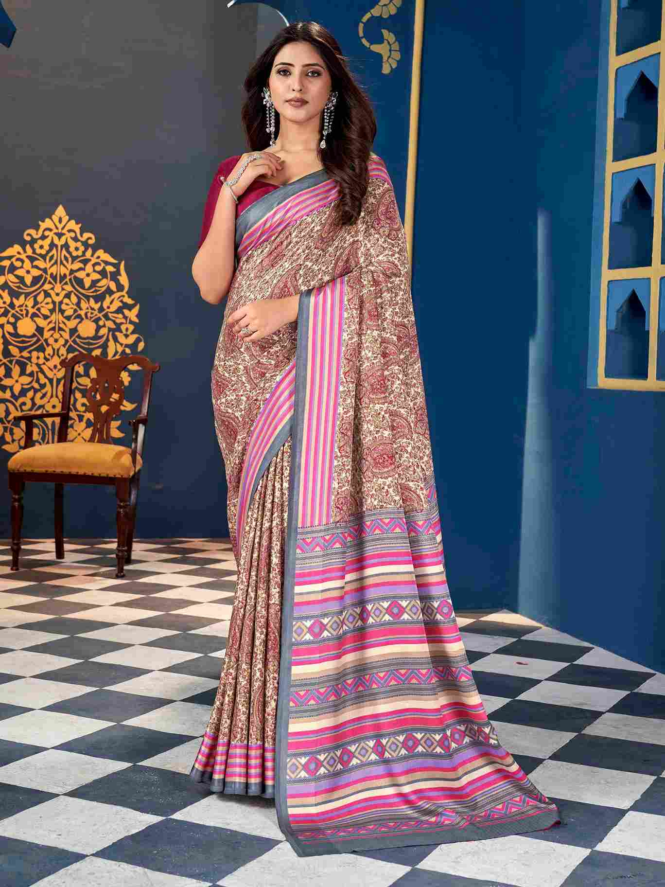 Light Pink Pashmina Silk Block Printed Saree