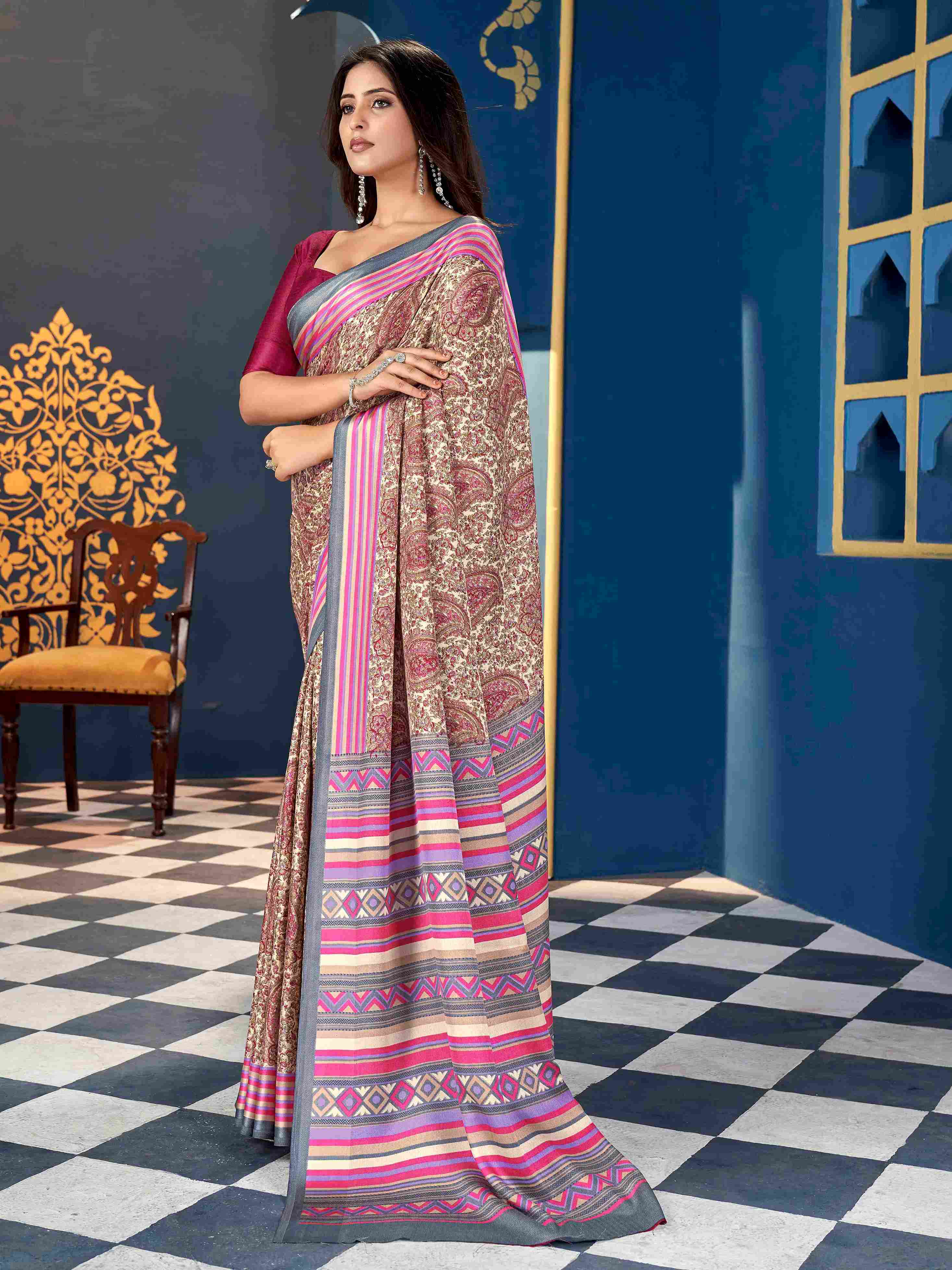 Light Pink Pashmina Silk Block Printed Saree