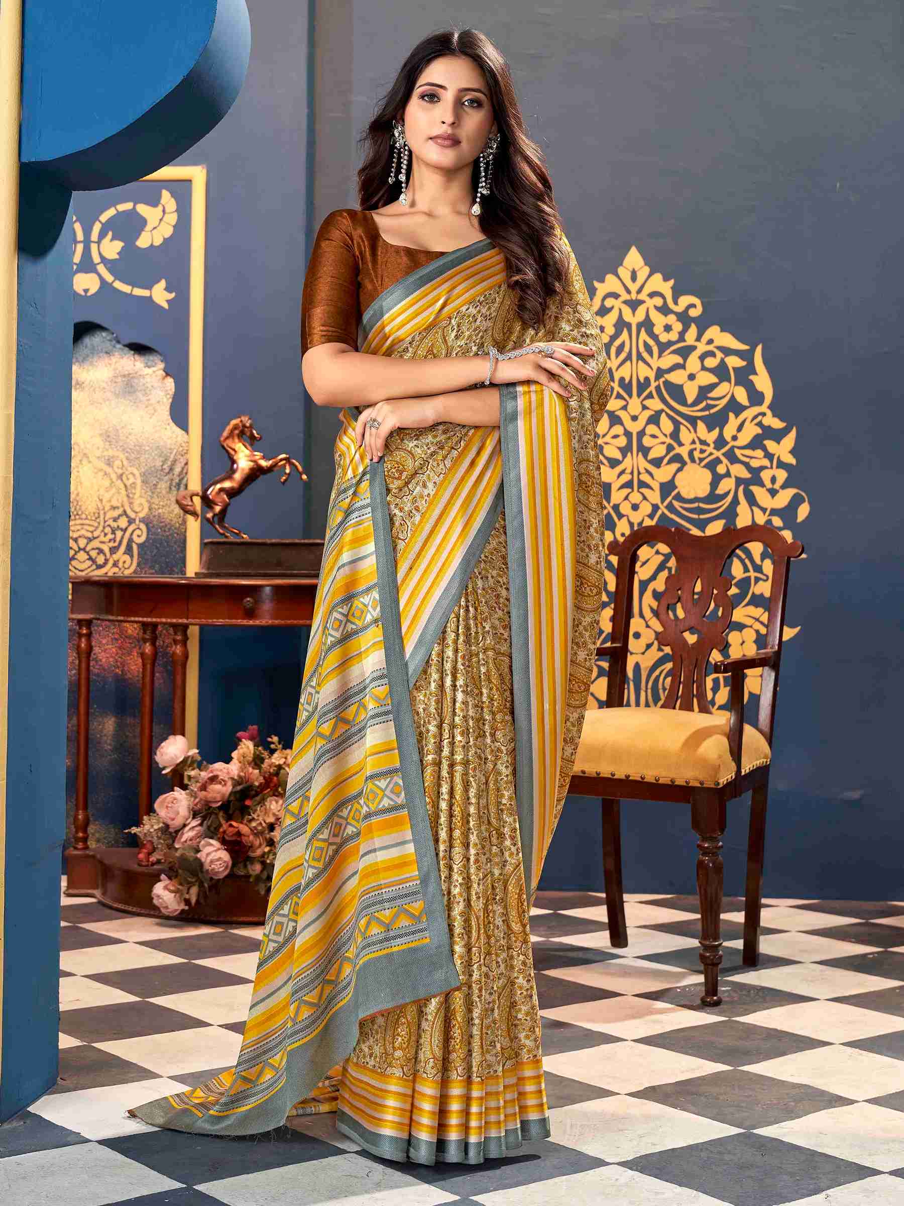 Brown Colored Pashmina Silk Block Printed Saree