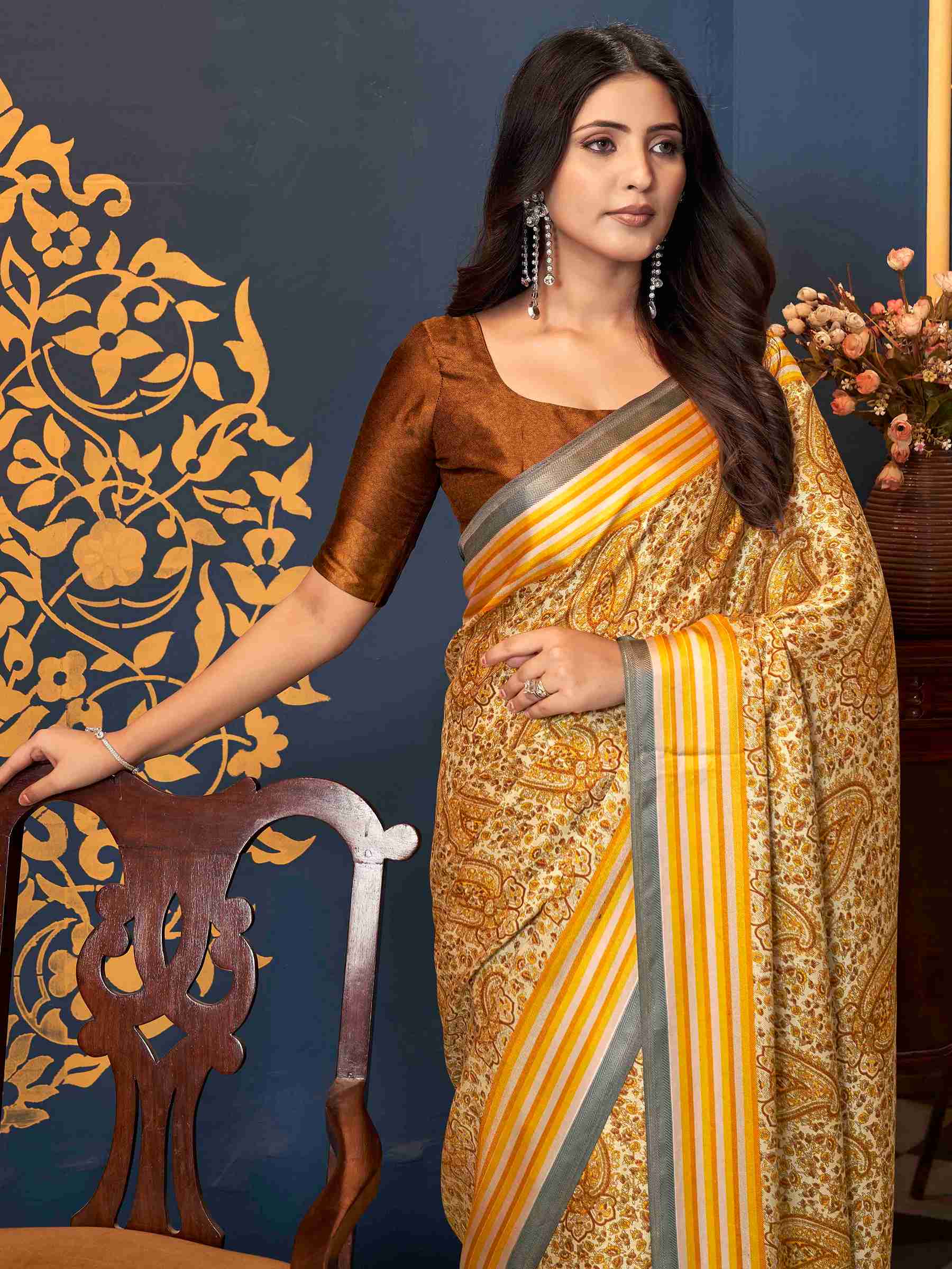 Brown Colored Pashmina Silk Block Printed Saree