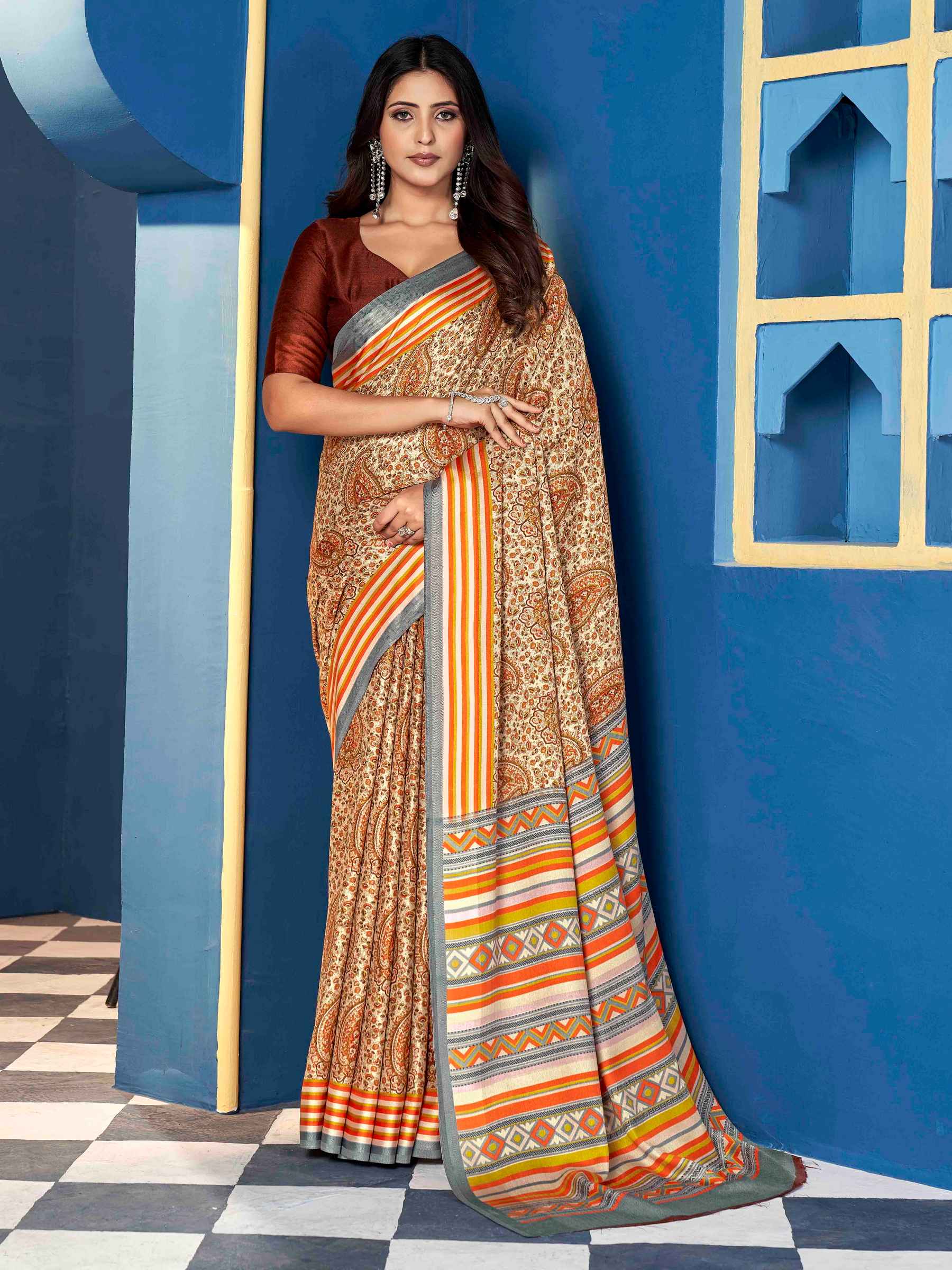 Orange Pashmina Silk Block Printed Saree