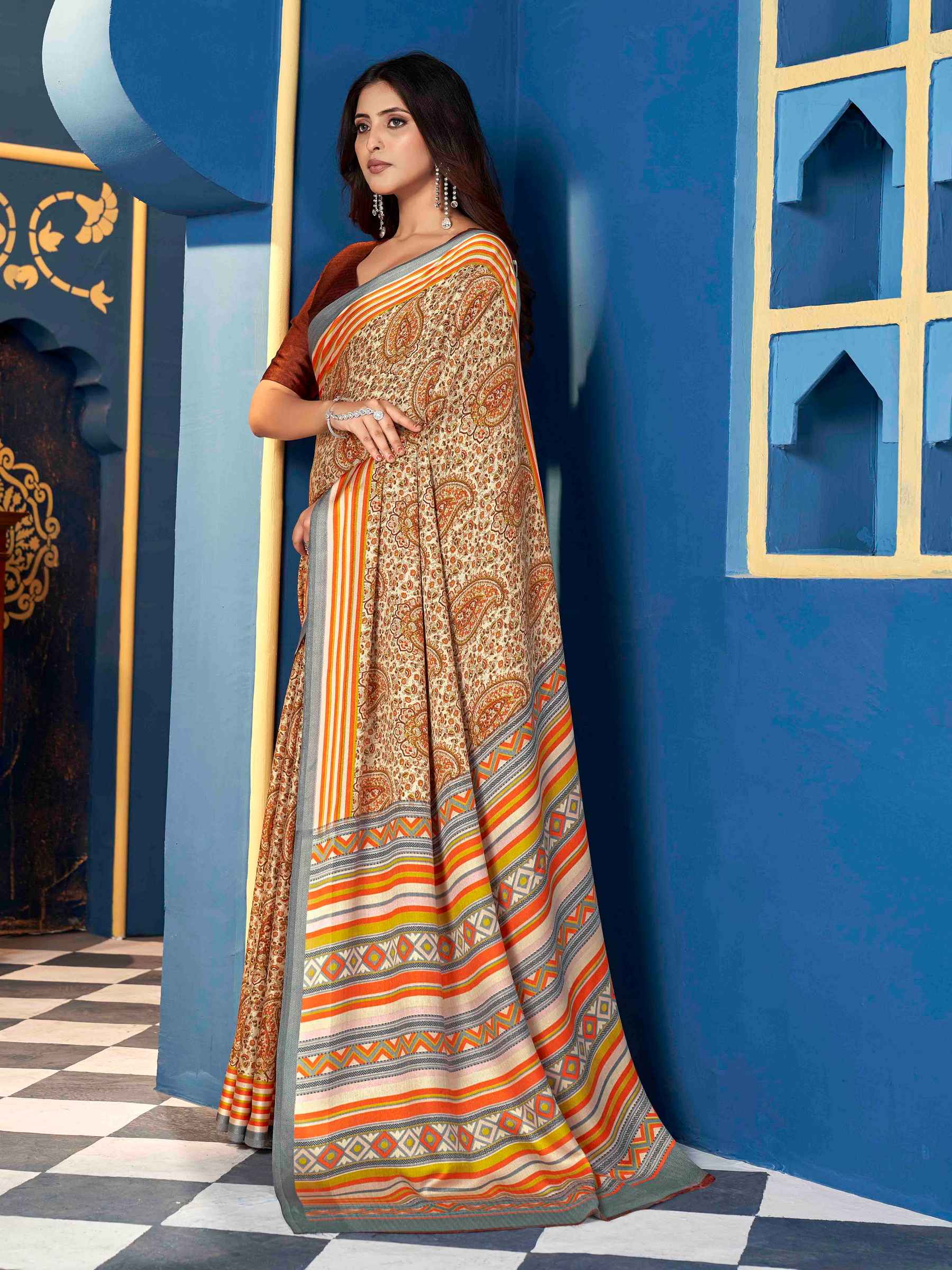 Orange Pashmina Silk Block Printed Saree