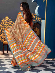 Orange Pashmina Silk Block Printed Saree