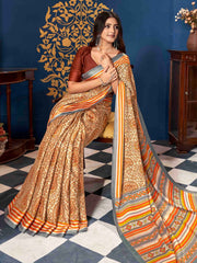 Orange Pashmina Silk Block Printed Saree