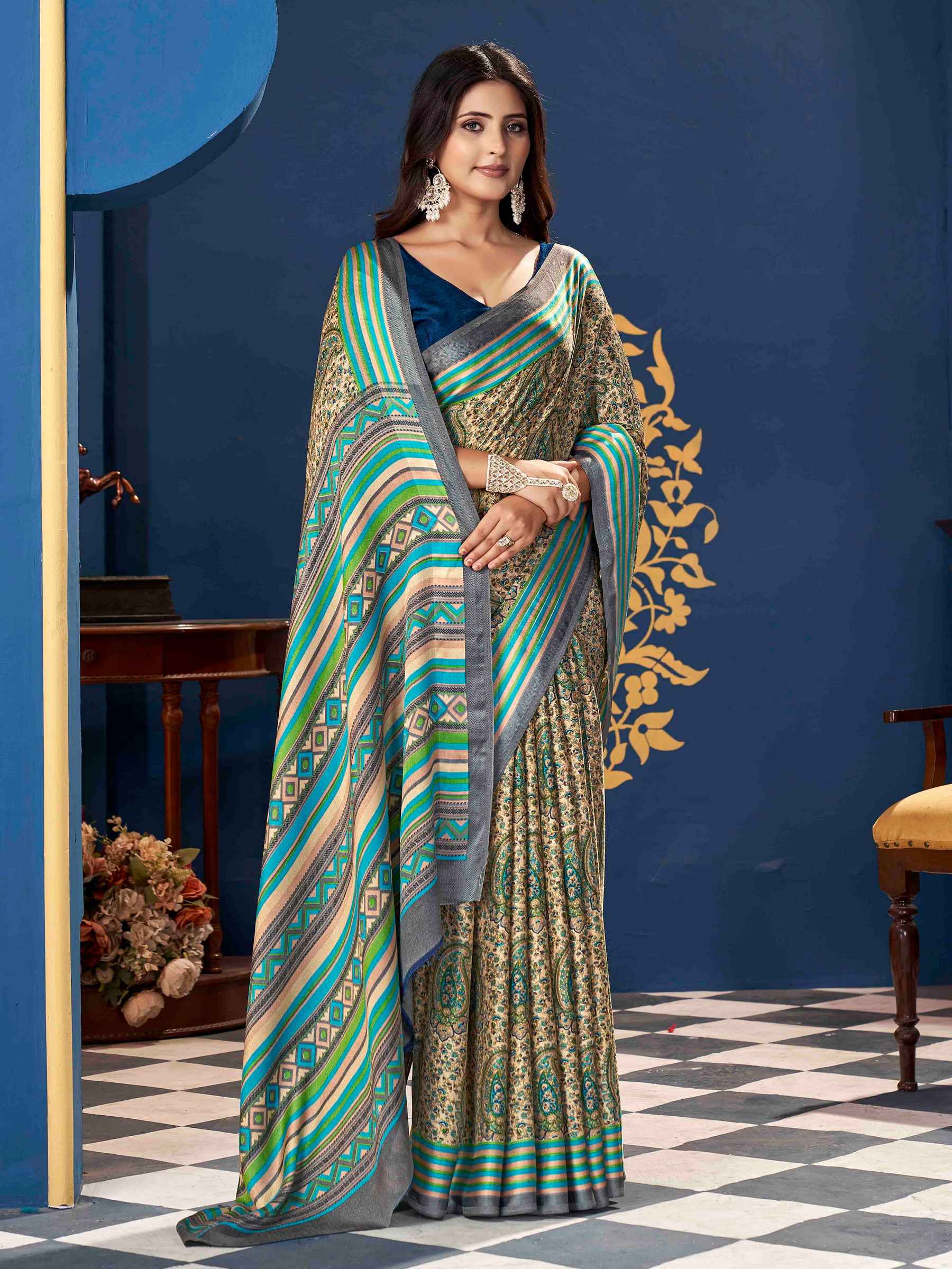 Sea Blue Pashmina Silk Block Printed Saree