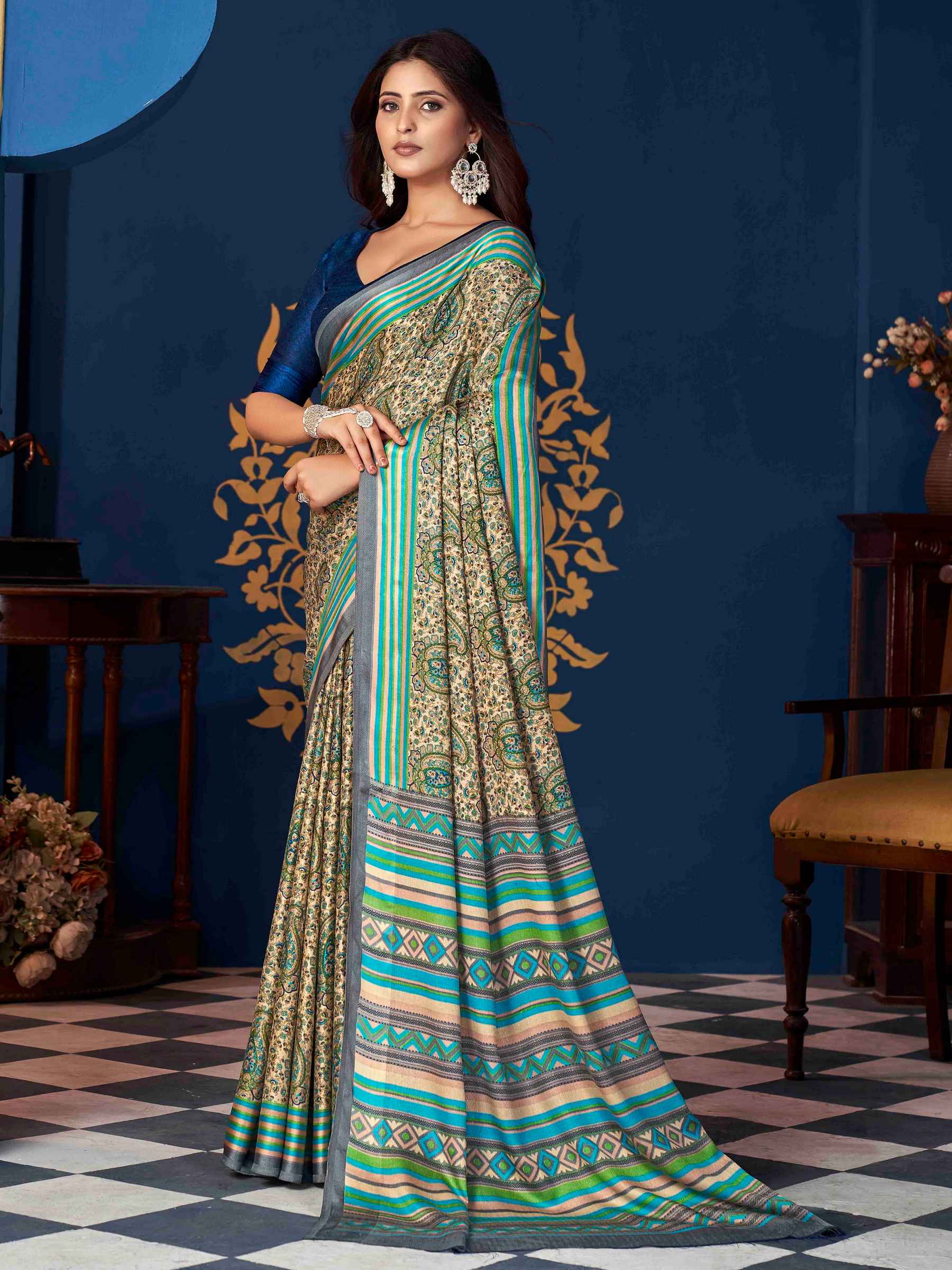 Sea Blue Pashmina Silk Block Printed Saree