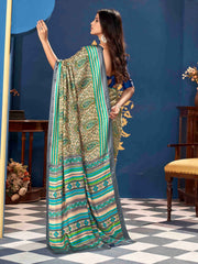 Sea Blue Pashmina Silk Block Printed Saree