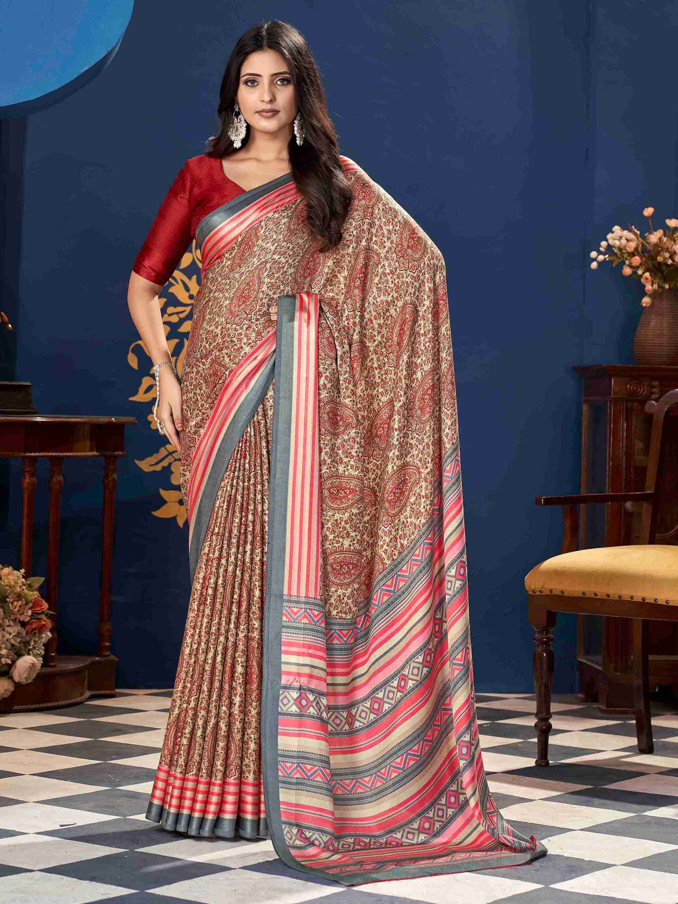 Pink Pashmina Silk Block Printed Saree