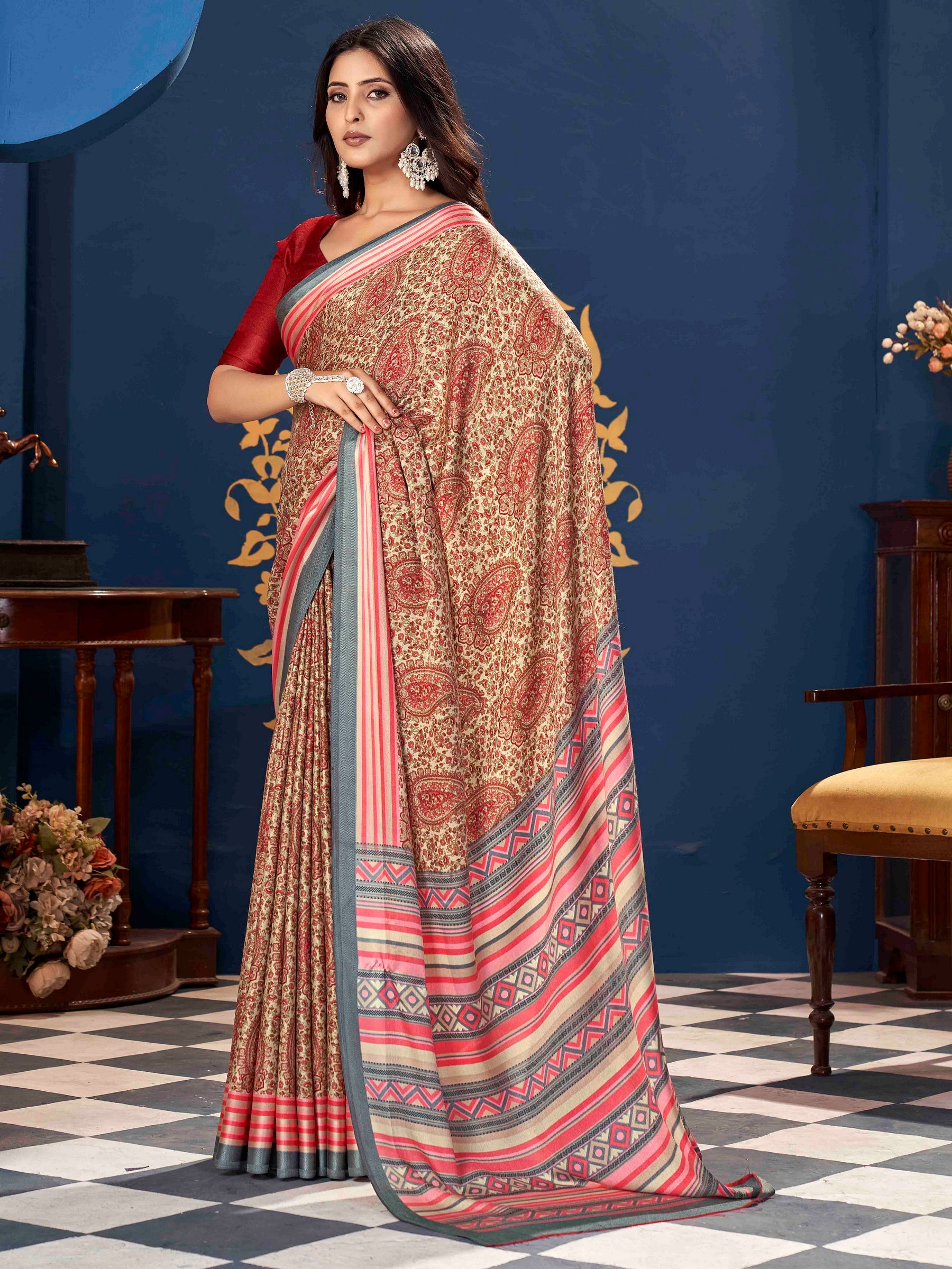 Pink Pashmina Silk Block Printed Saree