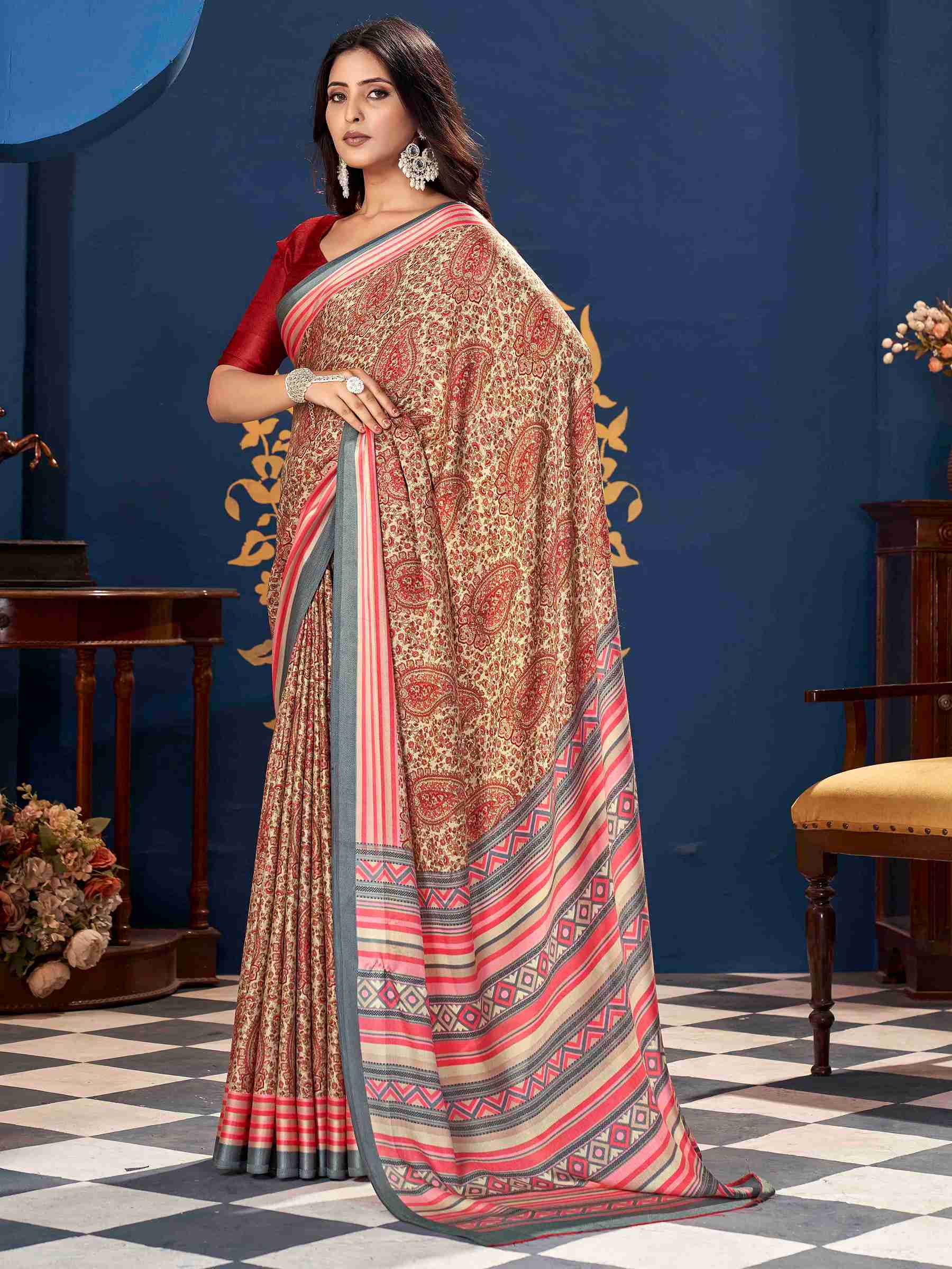 Pink Pashmina Silk Block Printed Saree