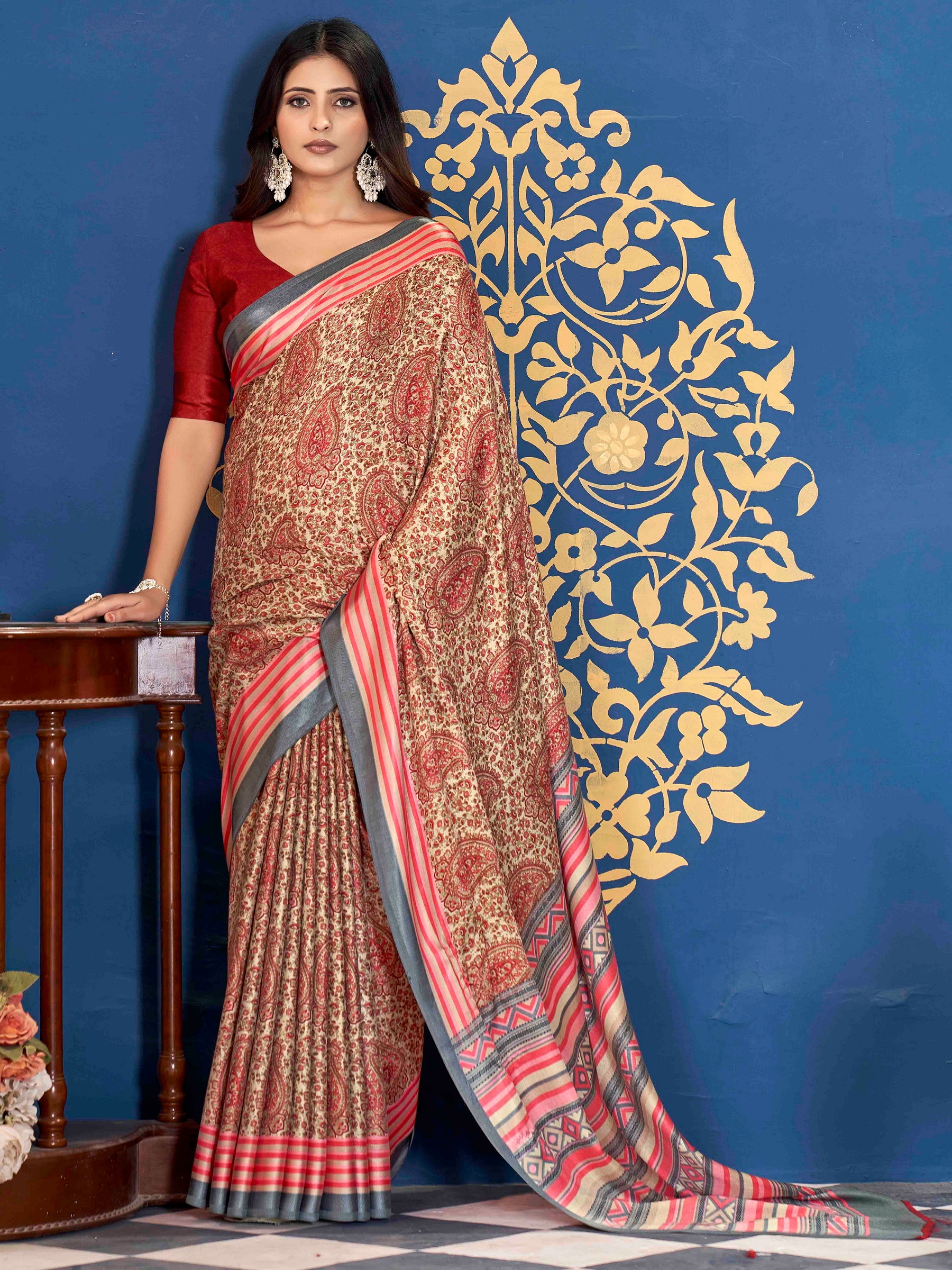 Pink Pashmina Silk Block Printed Saree