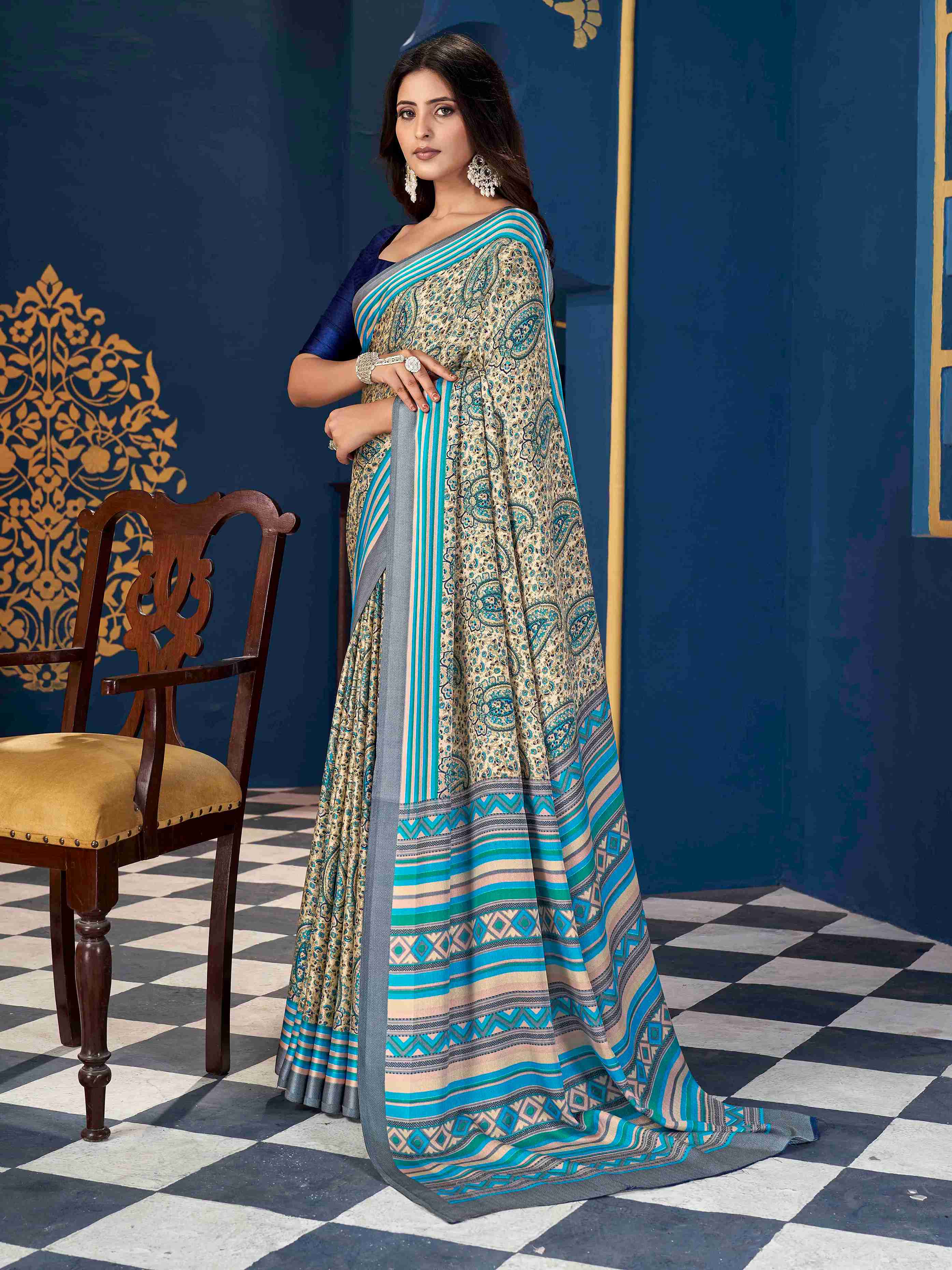 Light Blue Pashmina Silk Block Printed Saree