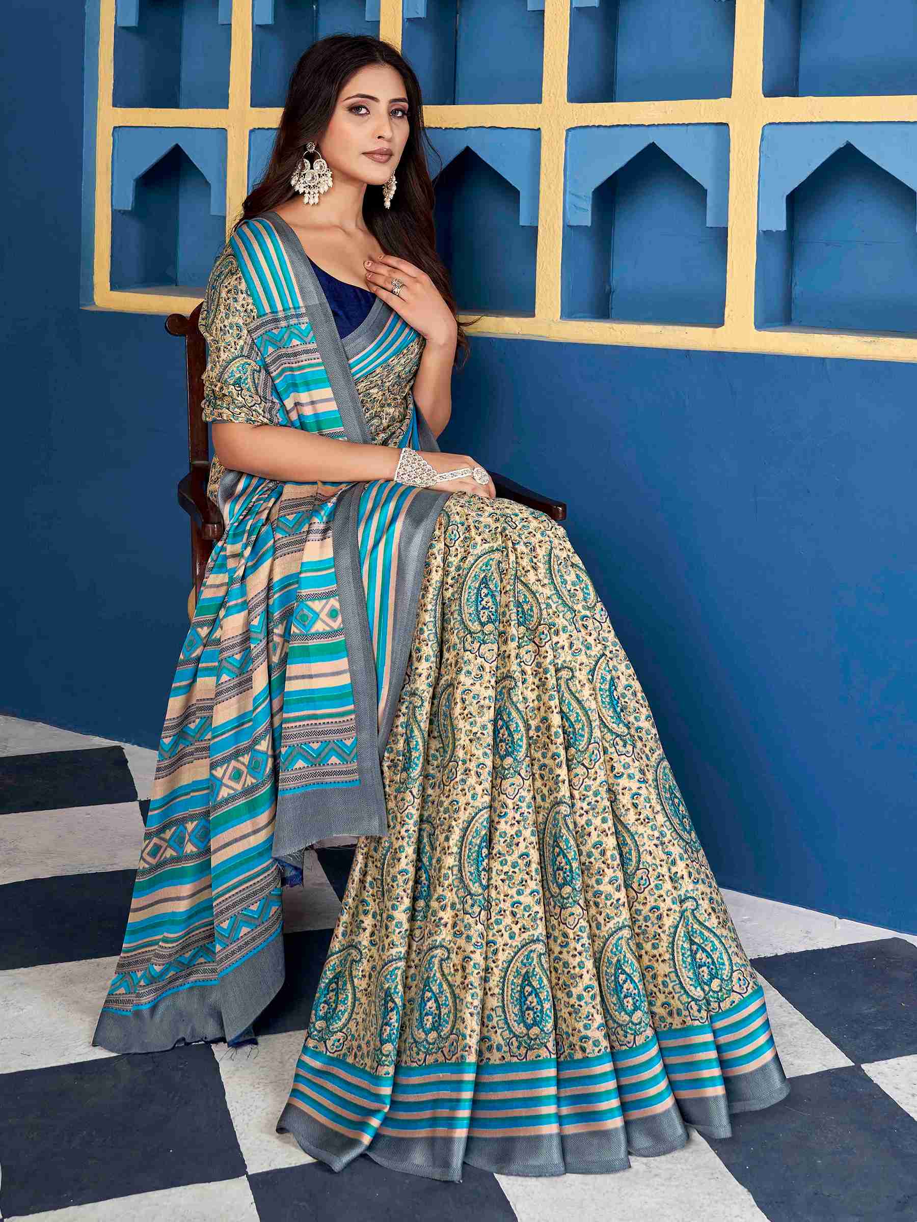 Light Blue Pashmina Silk Block Printed Saree