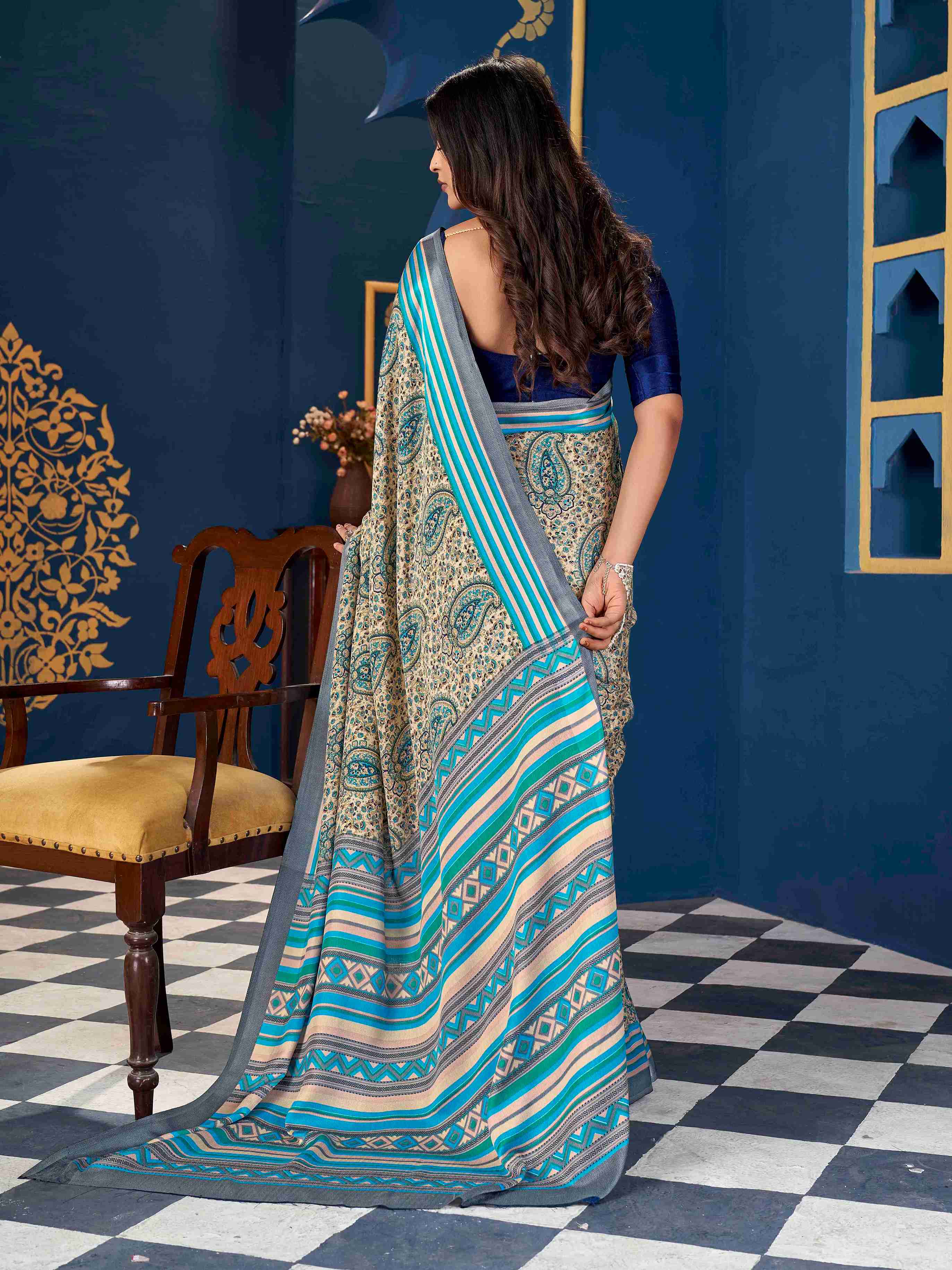 Light Blue Pashmina Silk Block Printed Saree