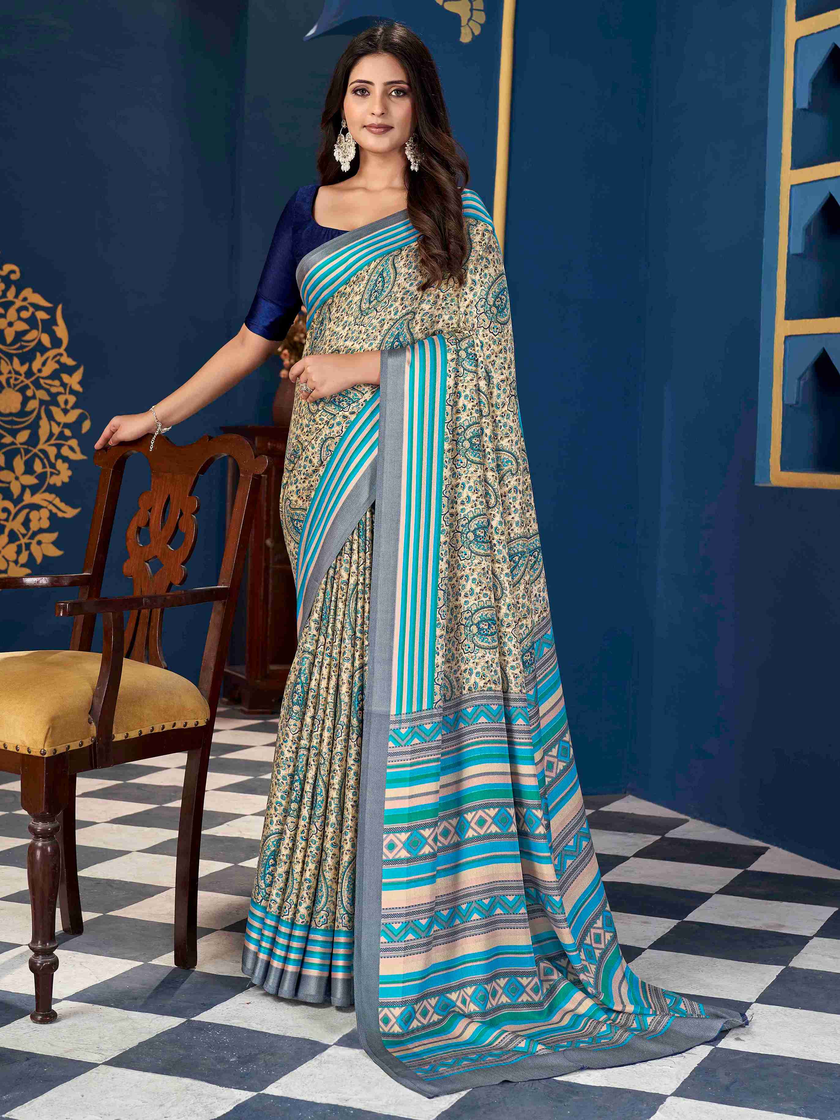 Light Blue Pashmina Silk Block Printed Saree