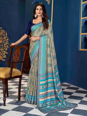 Light Blue Pashmina Silk Block Printed Saree