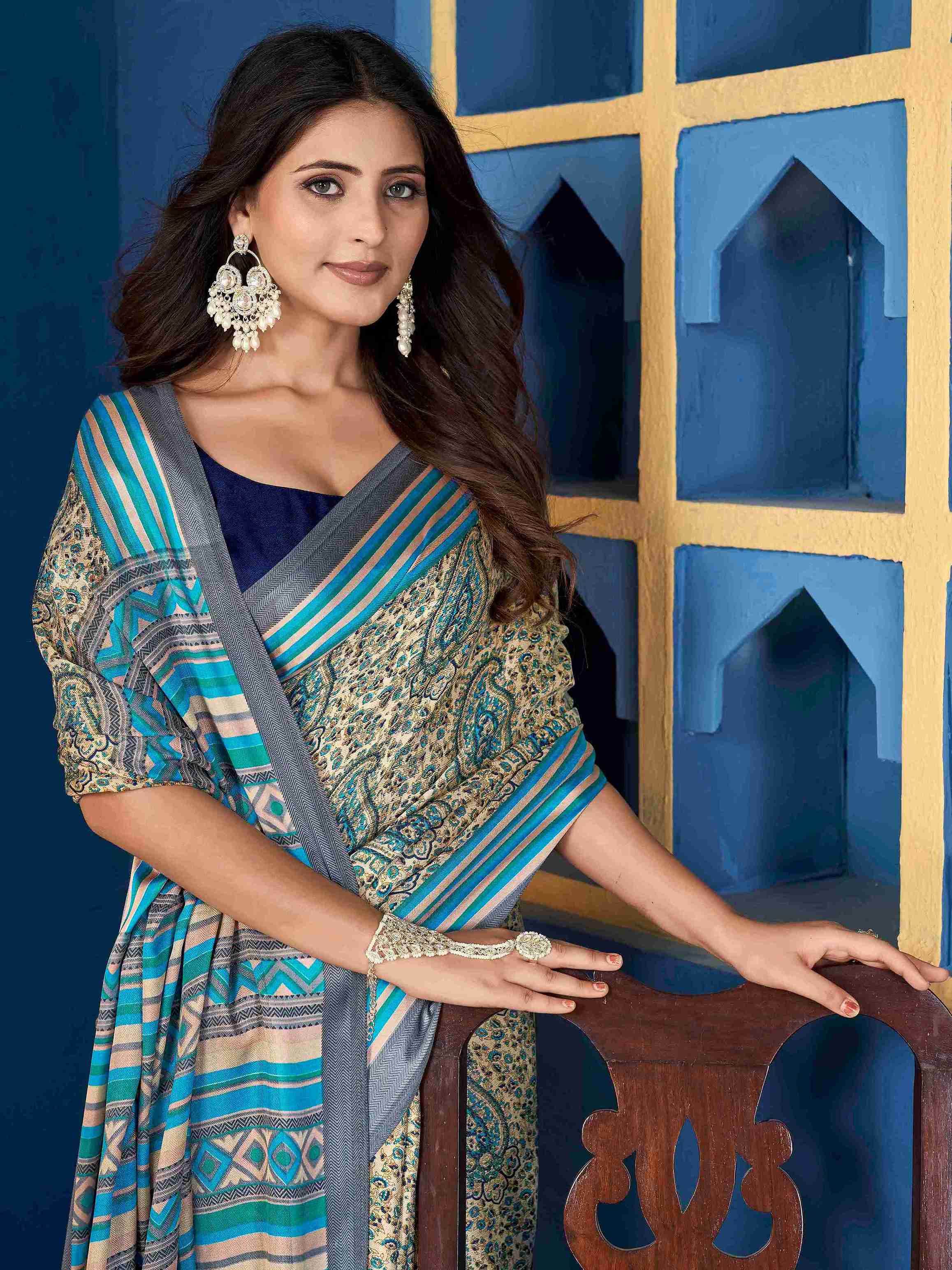 Light Blue Pashmina Silk Block Printed Saree