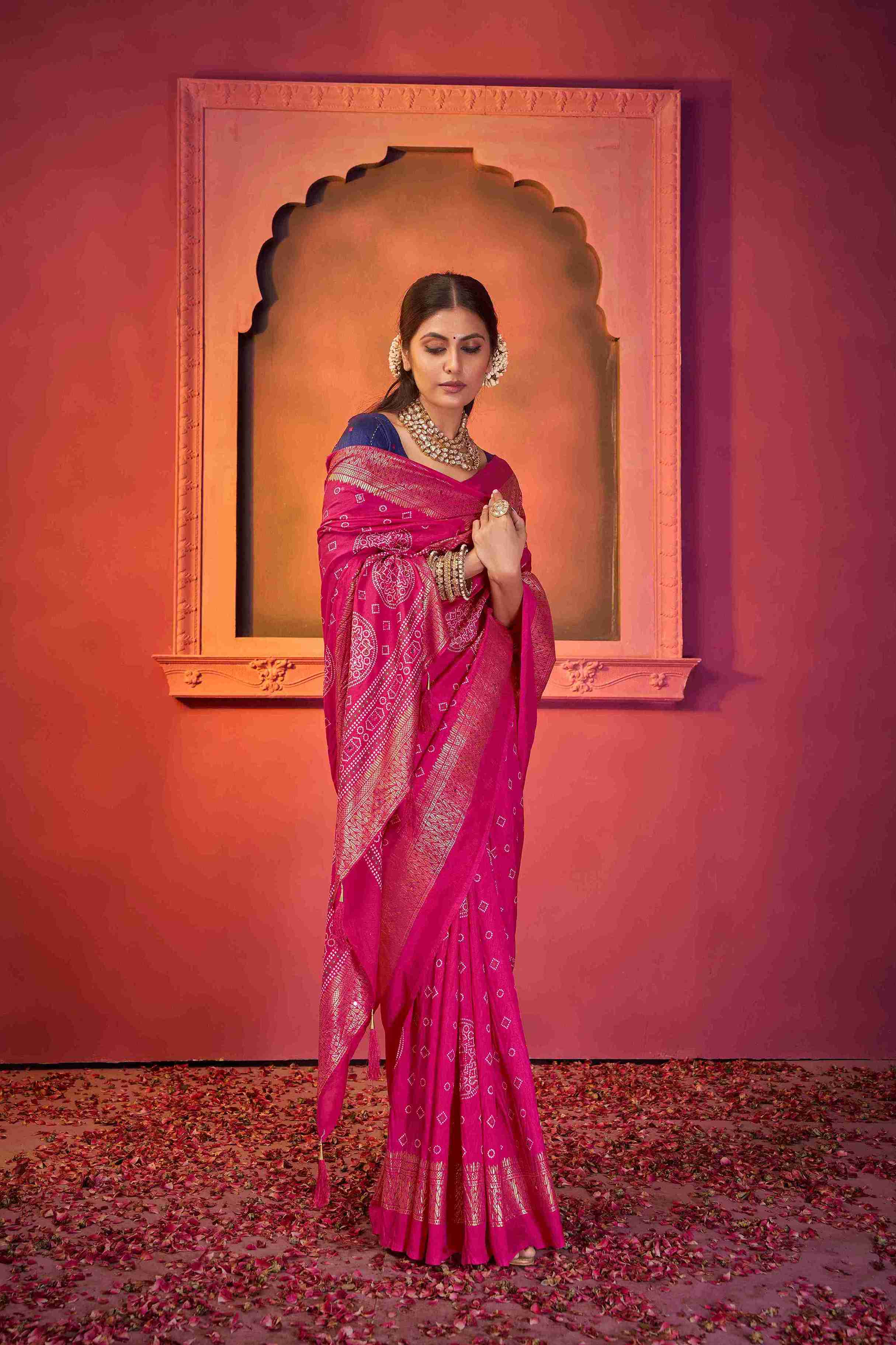 Pink Tussar Silk Crush Bandhani Printed Saree